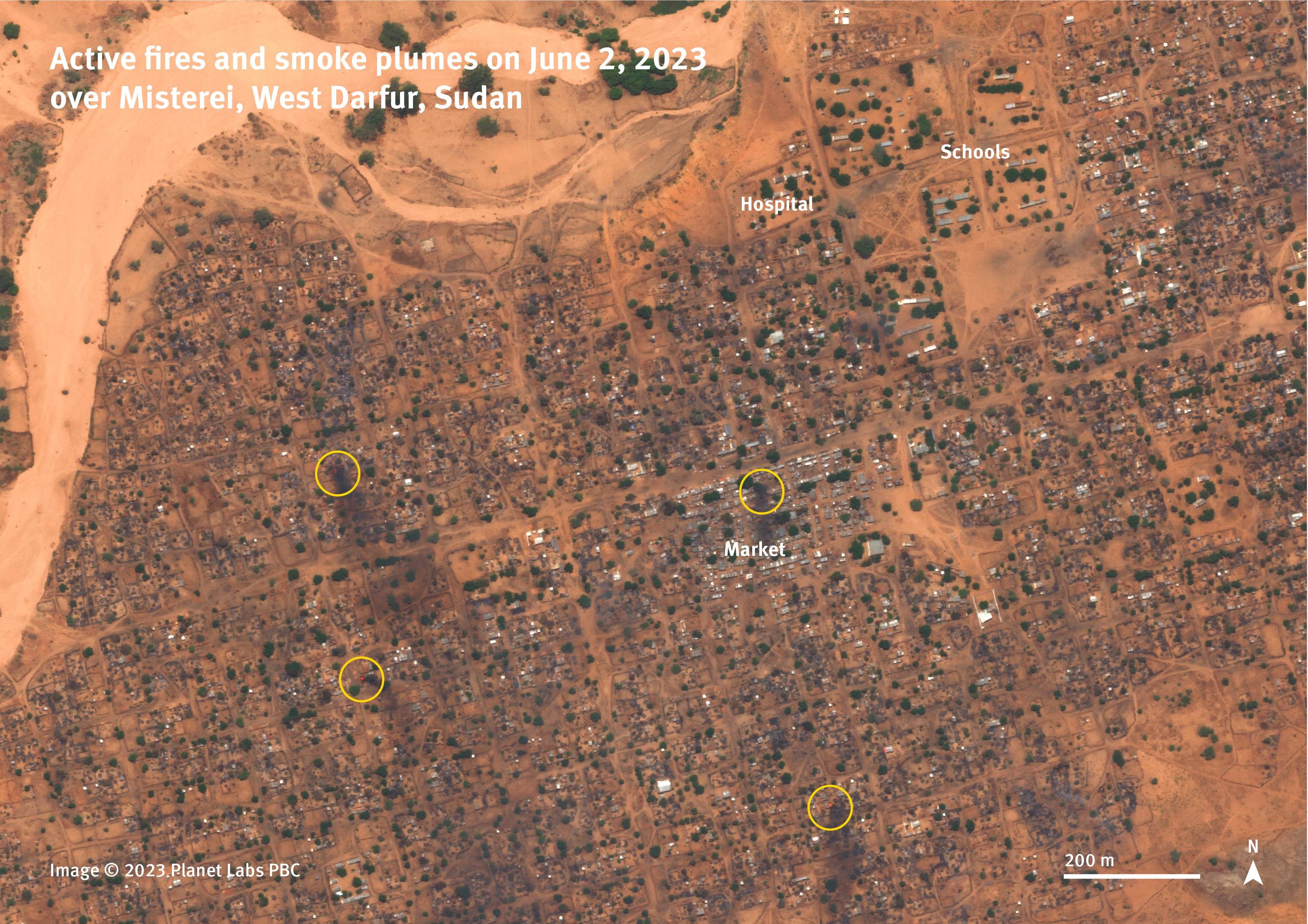 Satellite imagery of June 2, 2023 shows several active fires and smoke plumes over the town of Misterei, West Darfur, Sudan. 