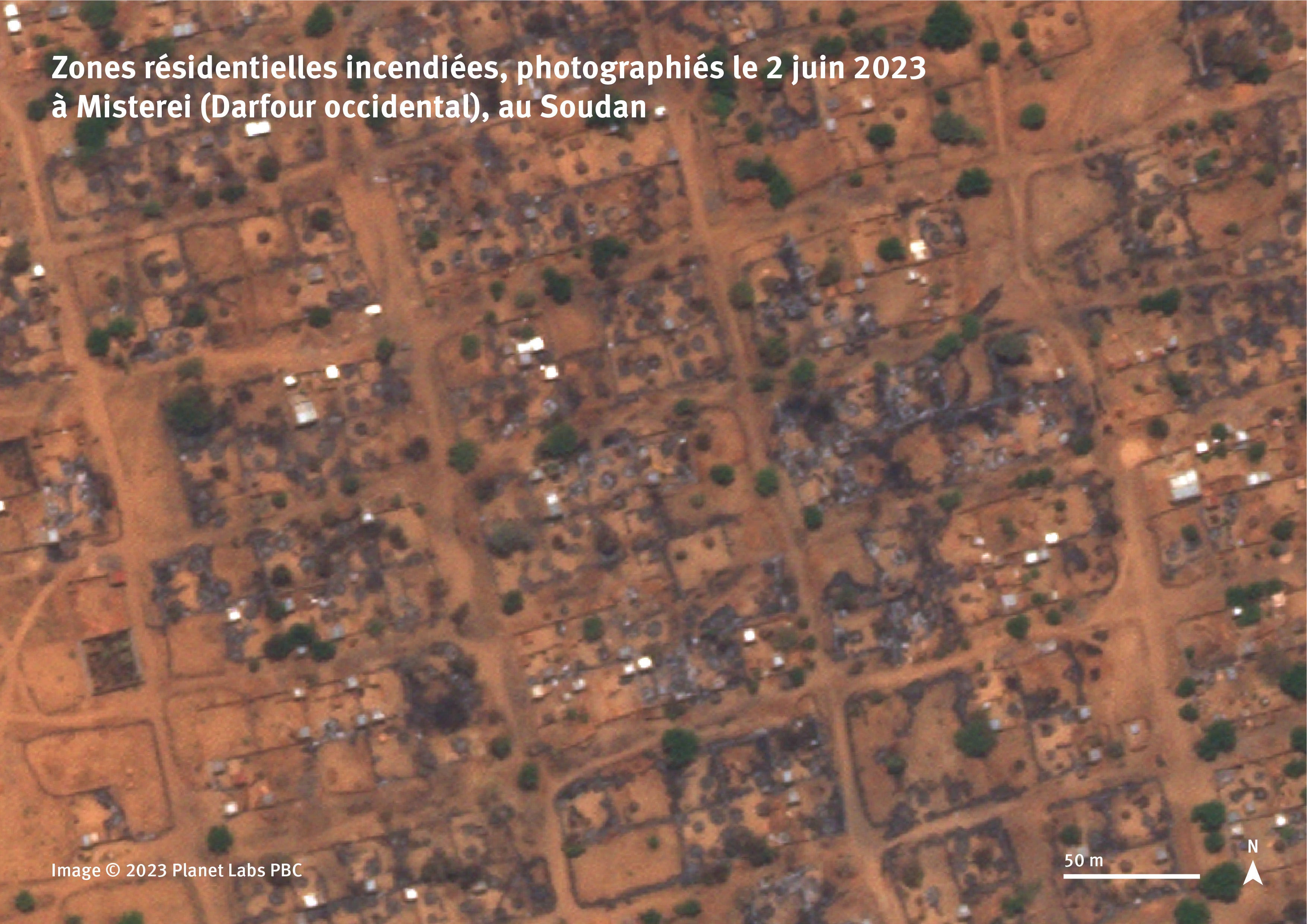 Une image satellite du 2 juin 2023 montre des zones résidentielles détruites par le feu dans la ville de Misterei (Darfour occidental), au Soudan