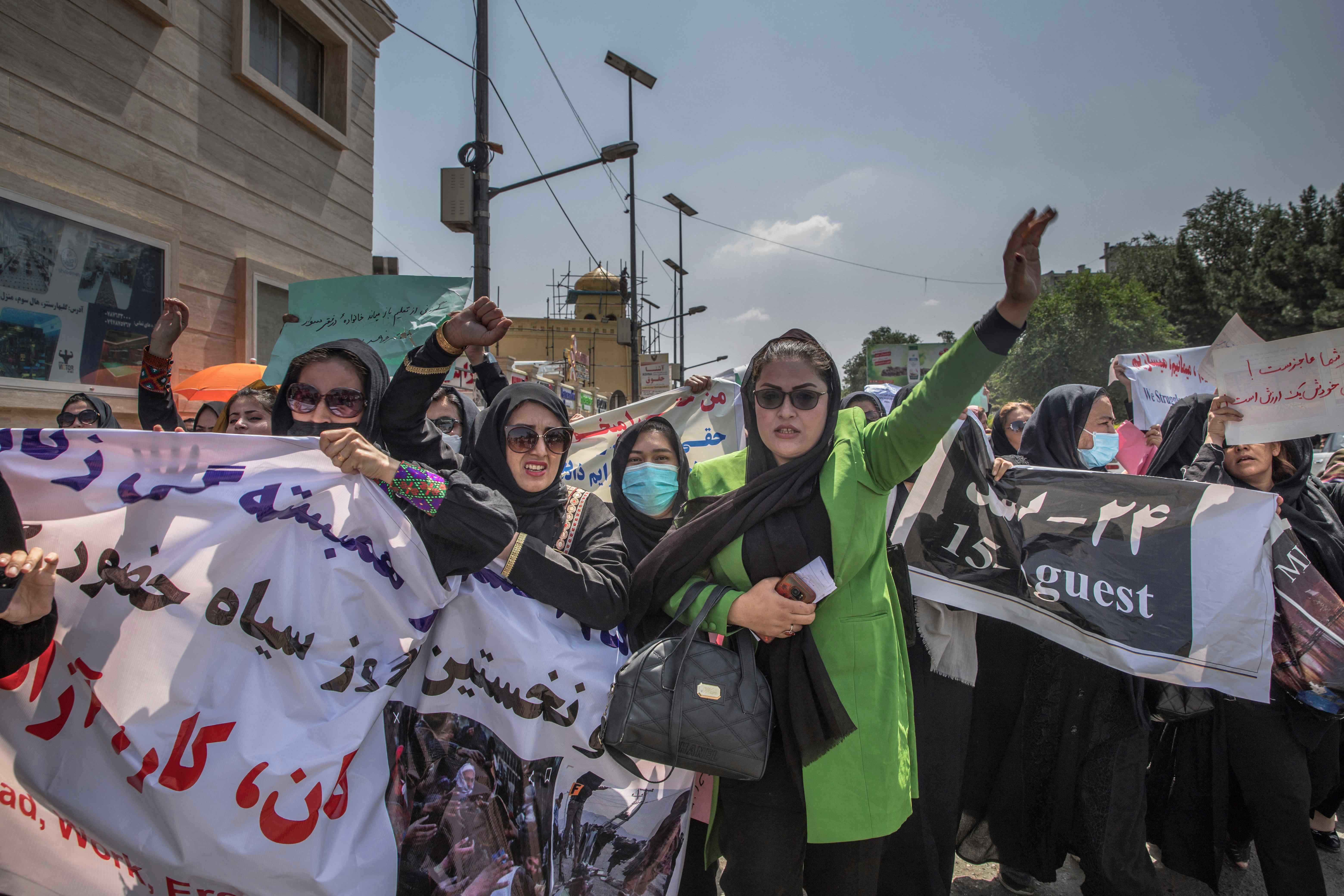 Afghan women protest in Kabul on August 13, 2022.