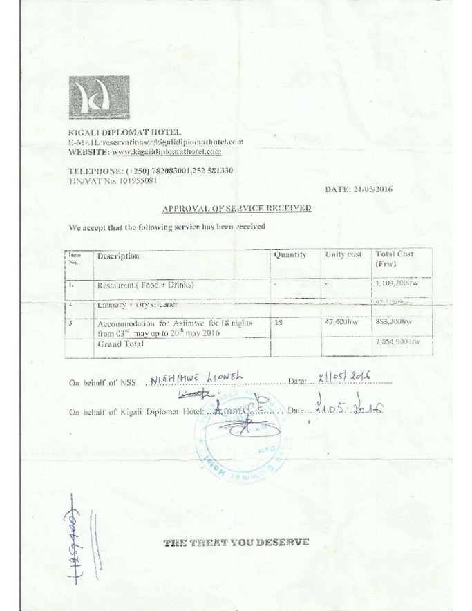 Invoice for Services Received at the Kigali Diplomat Hotel, May 21, 2016.
