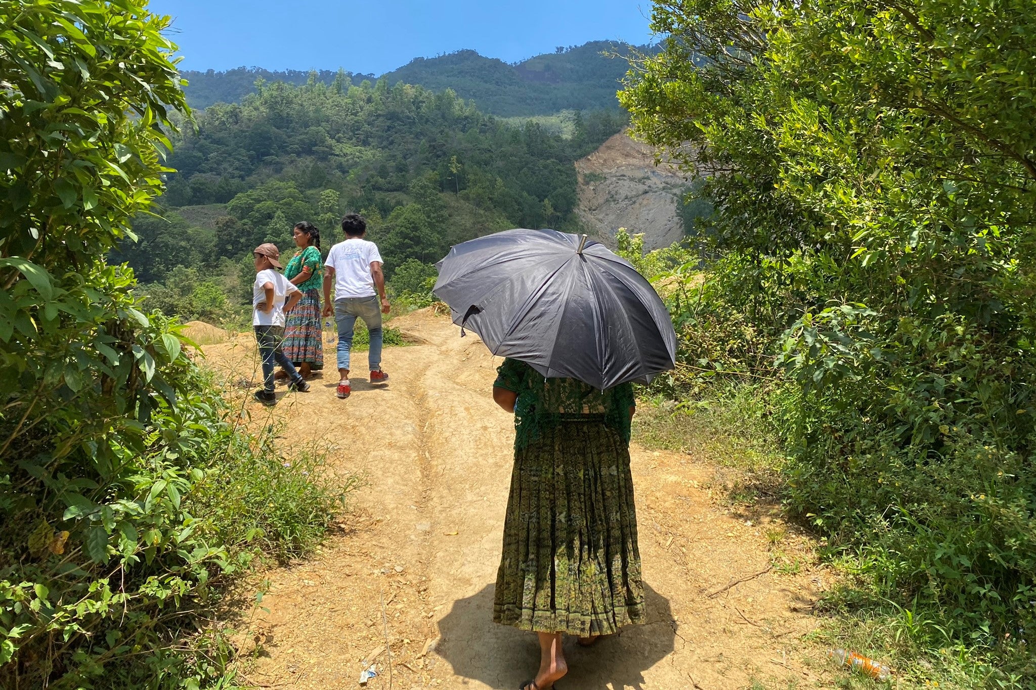 4 people walk down a rural path with a mountain behind them