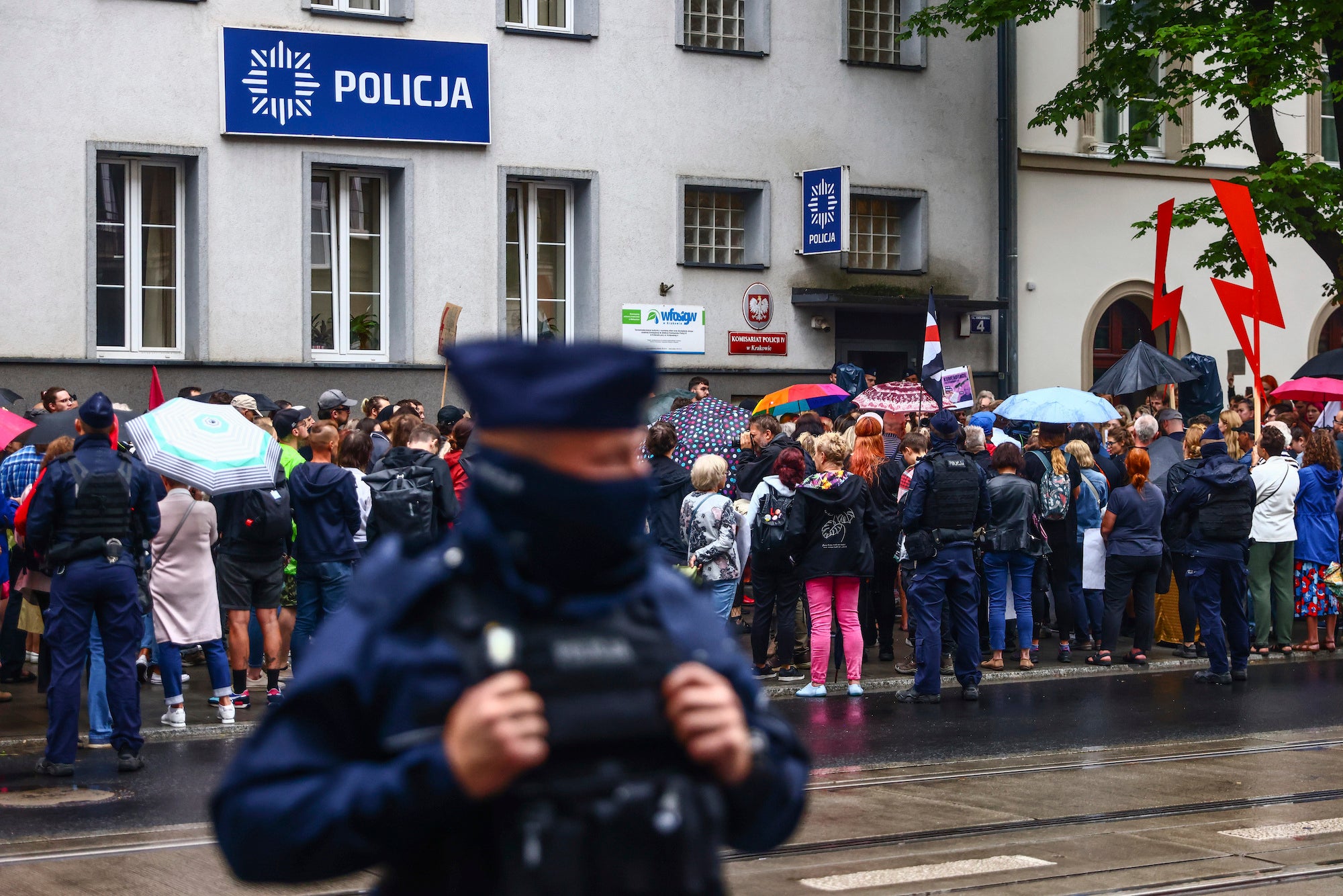 People demonstrate outside a police station during 'Solidarity with Joanna' protest in Krakow, Poland on July 25, 2023.