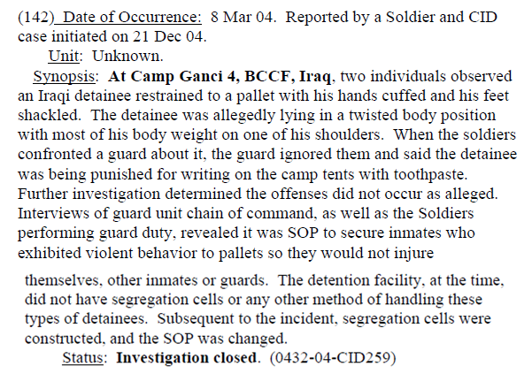 الصورة 3: ملخص قضيّة كتبته إدارة التحقيقات الجنائيّة التابعة للجيش الأمريكي، نُشر في 13 يناير/كانون الثاني 2006