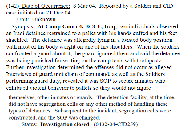 Résumé d’un incident survenu en mars 2004 et examiné par la Division des enquêtes criminelles (Criminal Investigation Division, CID) de l’Armée américaine. Publié le 13 janvier 2006.