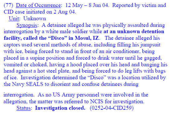 Résumé d’incidents survenus en mai-juin 2004, et examinés par la Division des enquêtes criminelles (Criminal Investigation Division, CID) de l’Armée américaine. Publié le 13 janvier 2006.