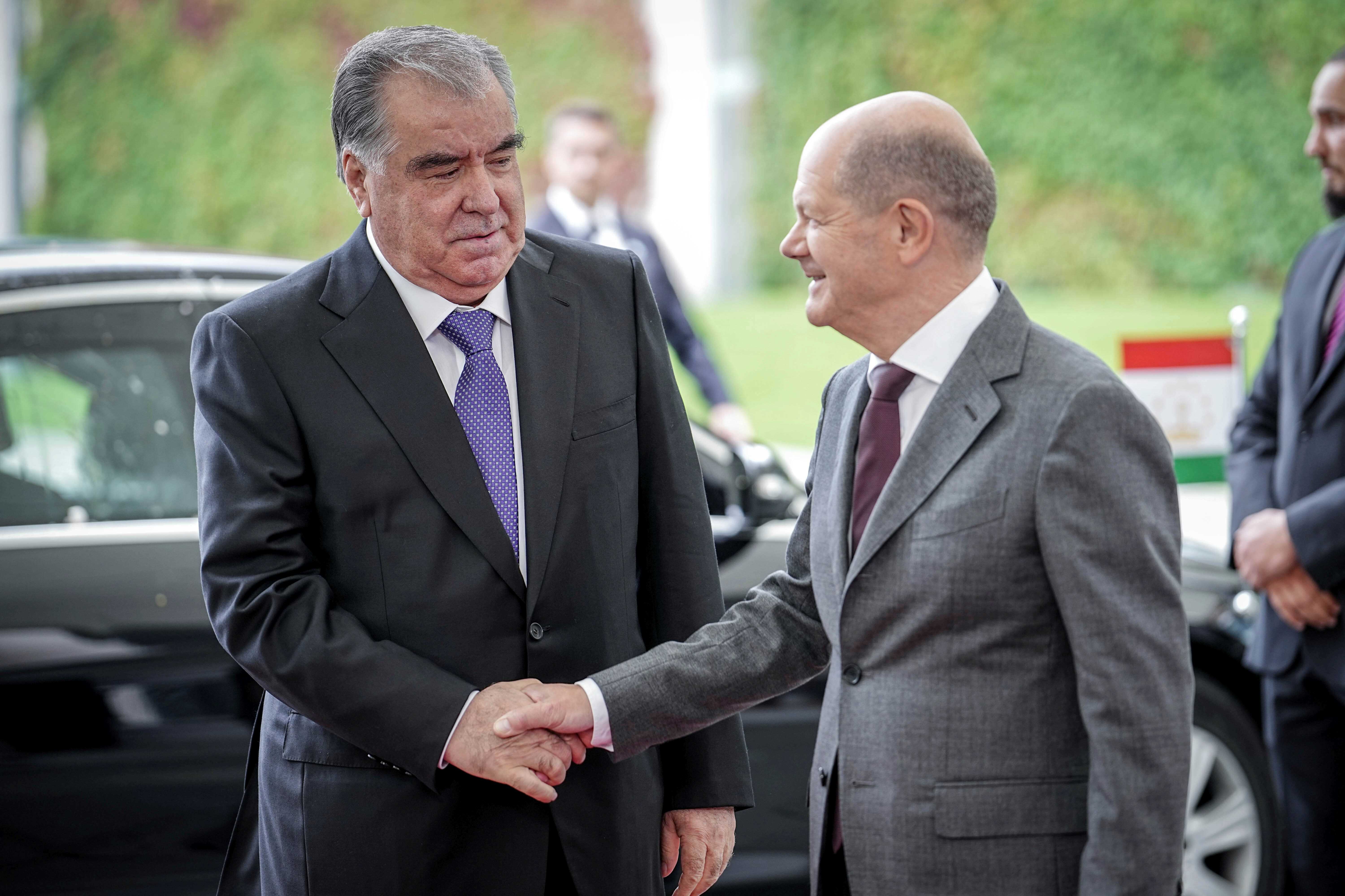 German Chancellor Olaf Scholz receives the President of Tajikistan, Emomali Rahmon, for the Central Asia Summit in Berlin, September 29, 2023.