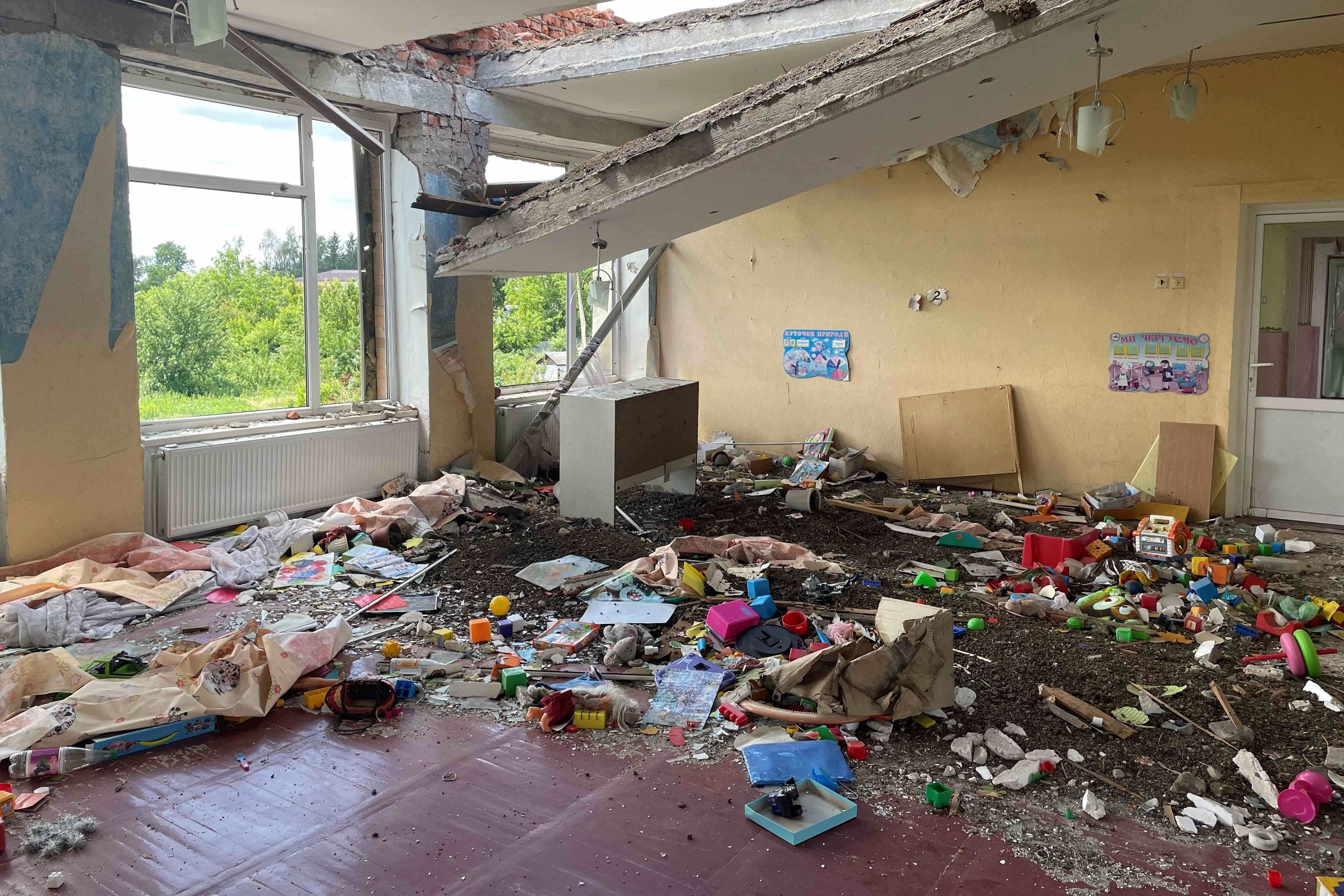 Debris in a destroyed classroom