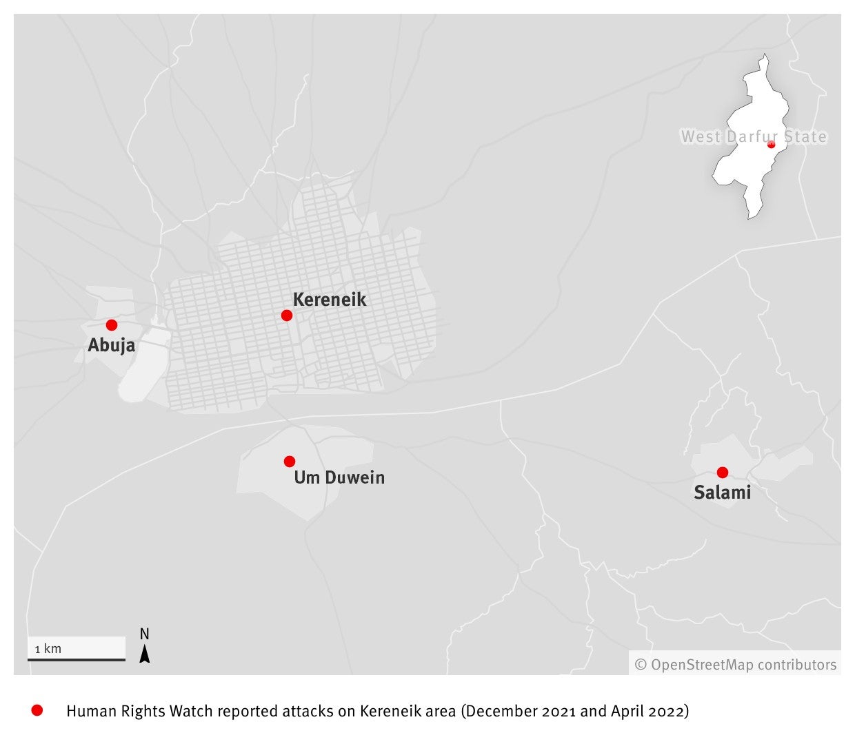 Locations of the reported attacks on Kereneik area in December 2021 and April 2022. 
