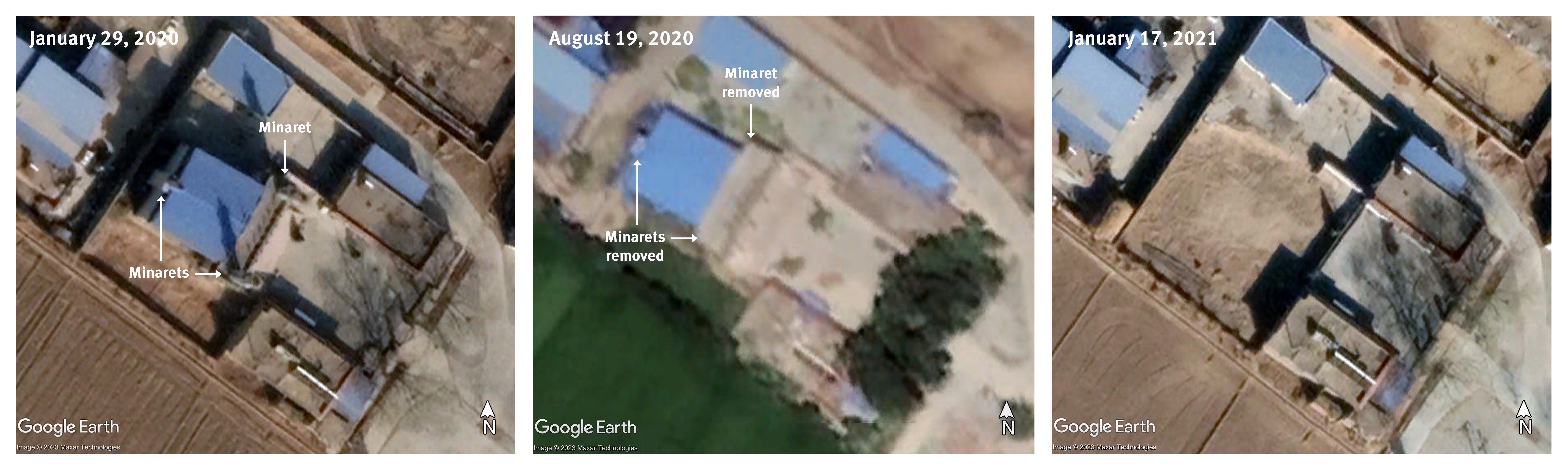 Trois images satellite de la Mosquée de Liaoqiao Est : (à gauche, en 2019) avec trois minarets encore visibles ; (au centre, en 202o) sans les minarets, qui ont été démantelés entre janvier et août 2020 ; (à droite, en janvier 2021) image montrant que la salle principale de la mosquée a été démolie. 