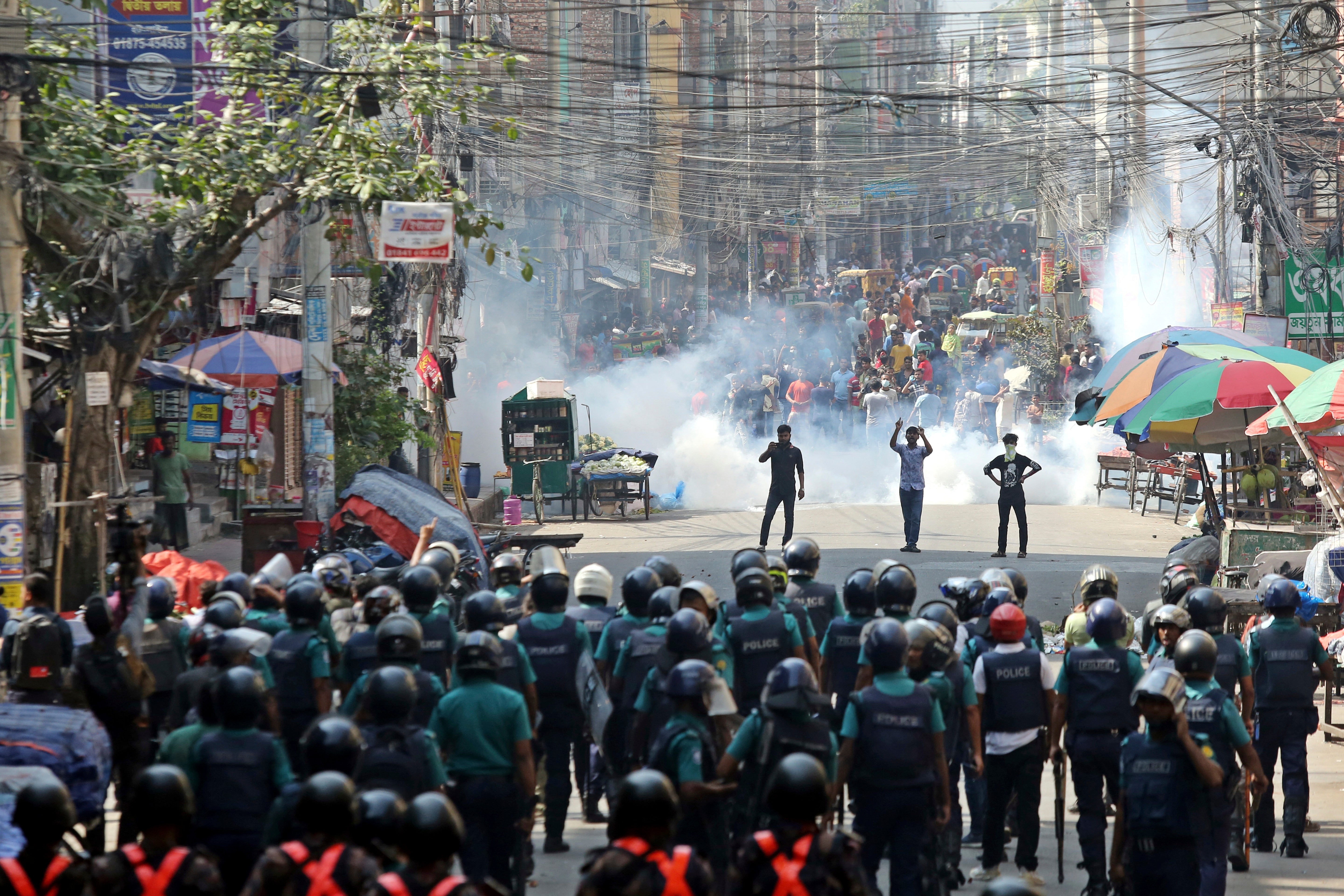 Bangladesh police clashes with garment workers protesting to demand the increase of their salaries, in Dhaka on November 2, 2023. 