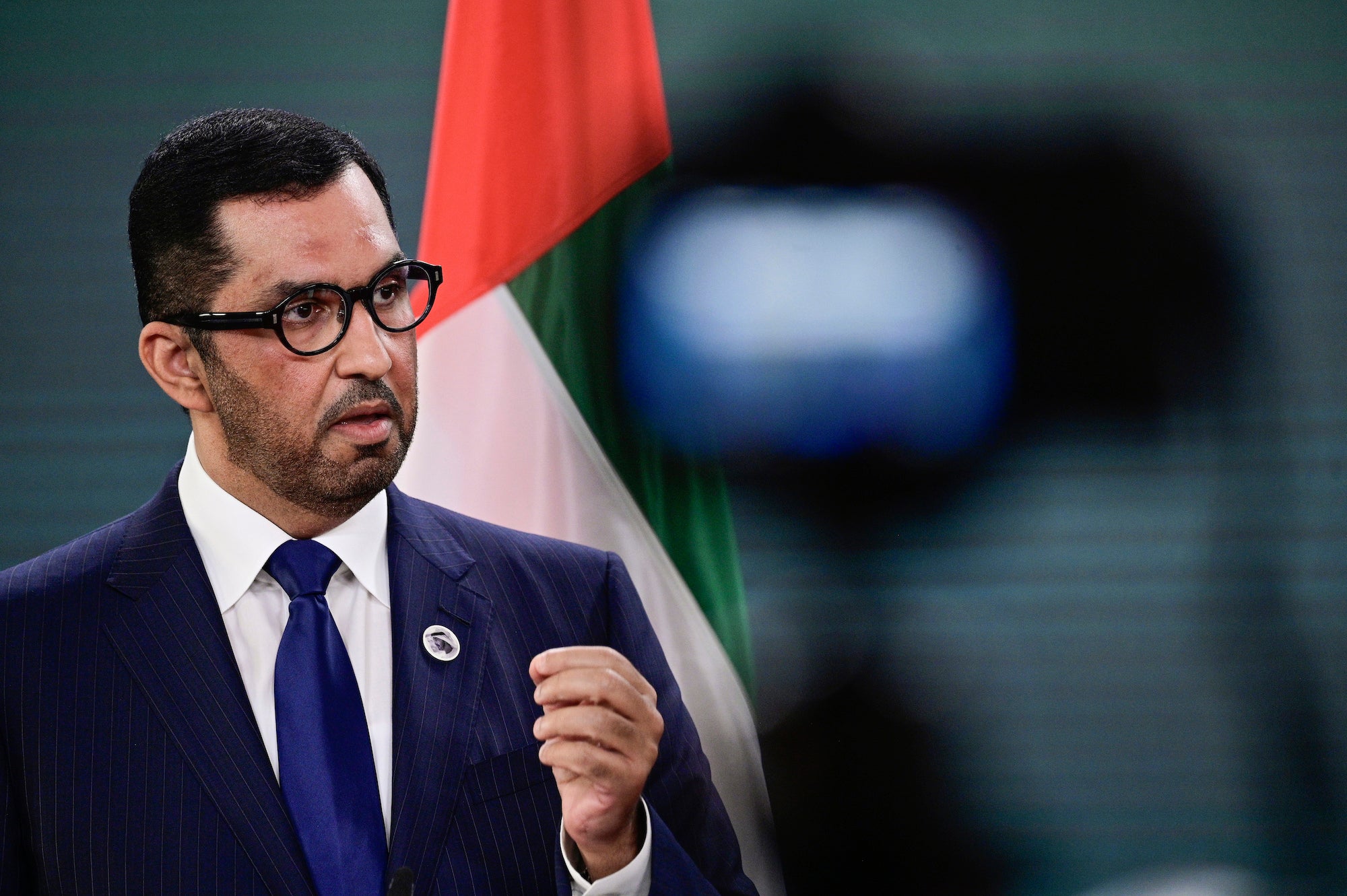 The Minister of Industry and Advanced Technology in the United Arab Emirates (UAE) and COP28 UAE President-Designate, Sultan Ahmed al-Jaber, attends a press conference at the Petersberg Climate Dialogue in Berlin, Germany, May 3, 2023.