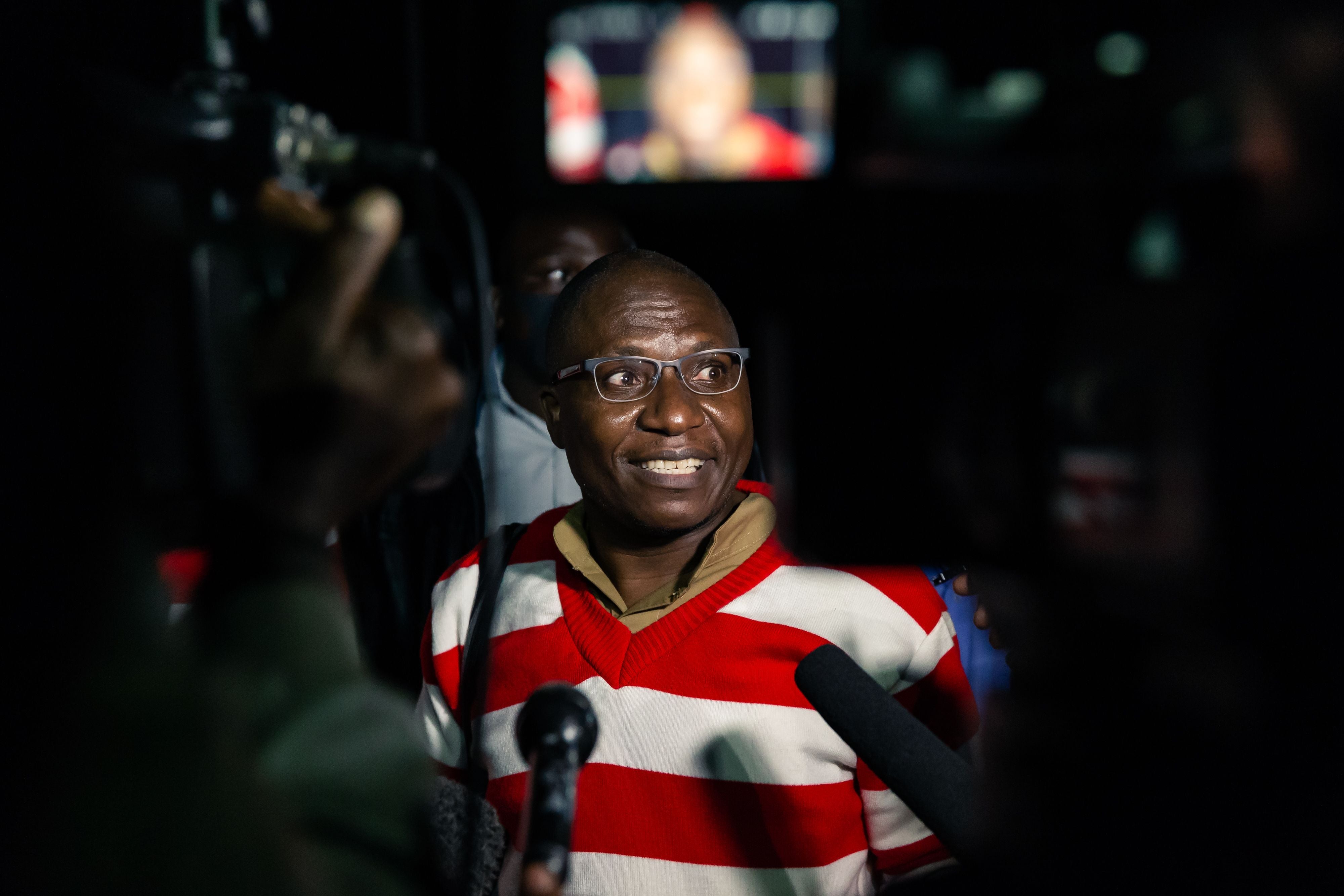 Zimbabwe opposition politician Jacob Ngarivhume, the leader of Transform Zimbabwe, speaks to the media in September 2020 after his release on bail from Chikurubi Maximum Prison in Harare.