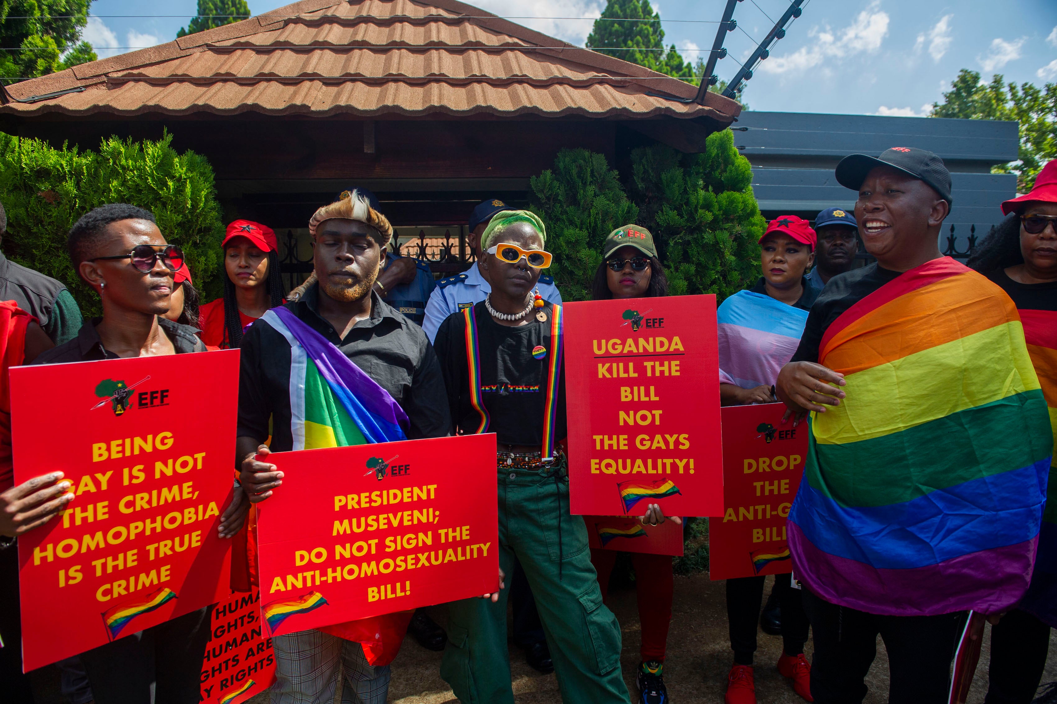 Members of an opposition party picket against Uganda's anti-homosexuality bill at the Uganda High Commission in Pretoria, South Africa, April 4, 2023.