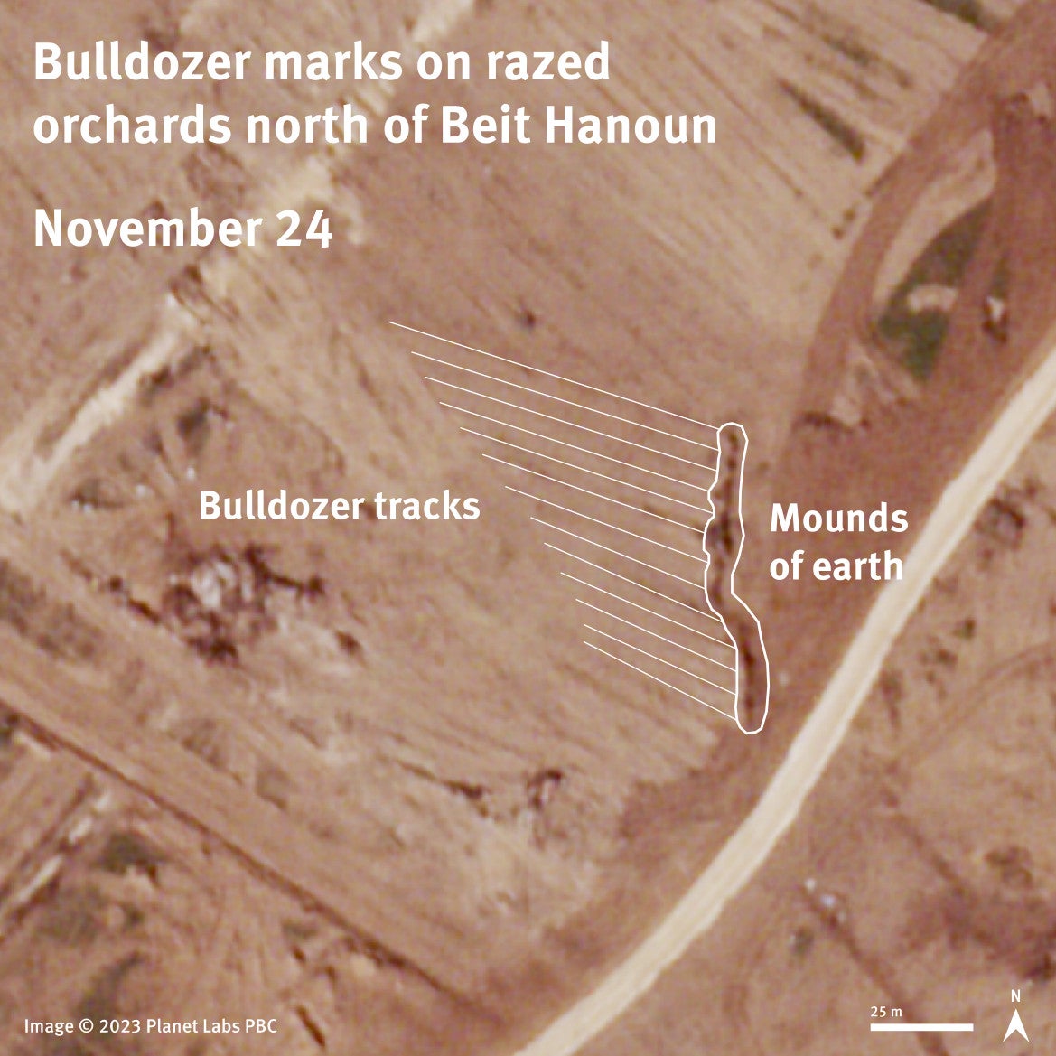 Satellite imagery from November 24, 2023 shows bulldozer marks on razed orchards in an area north of Beit Hanoun.