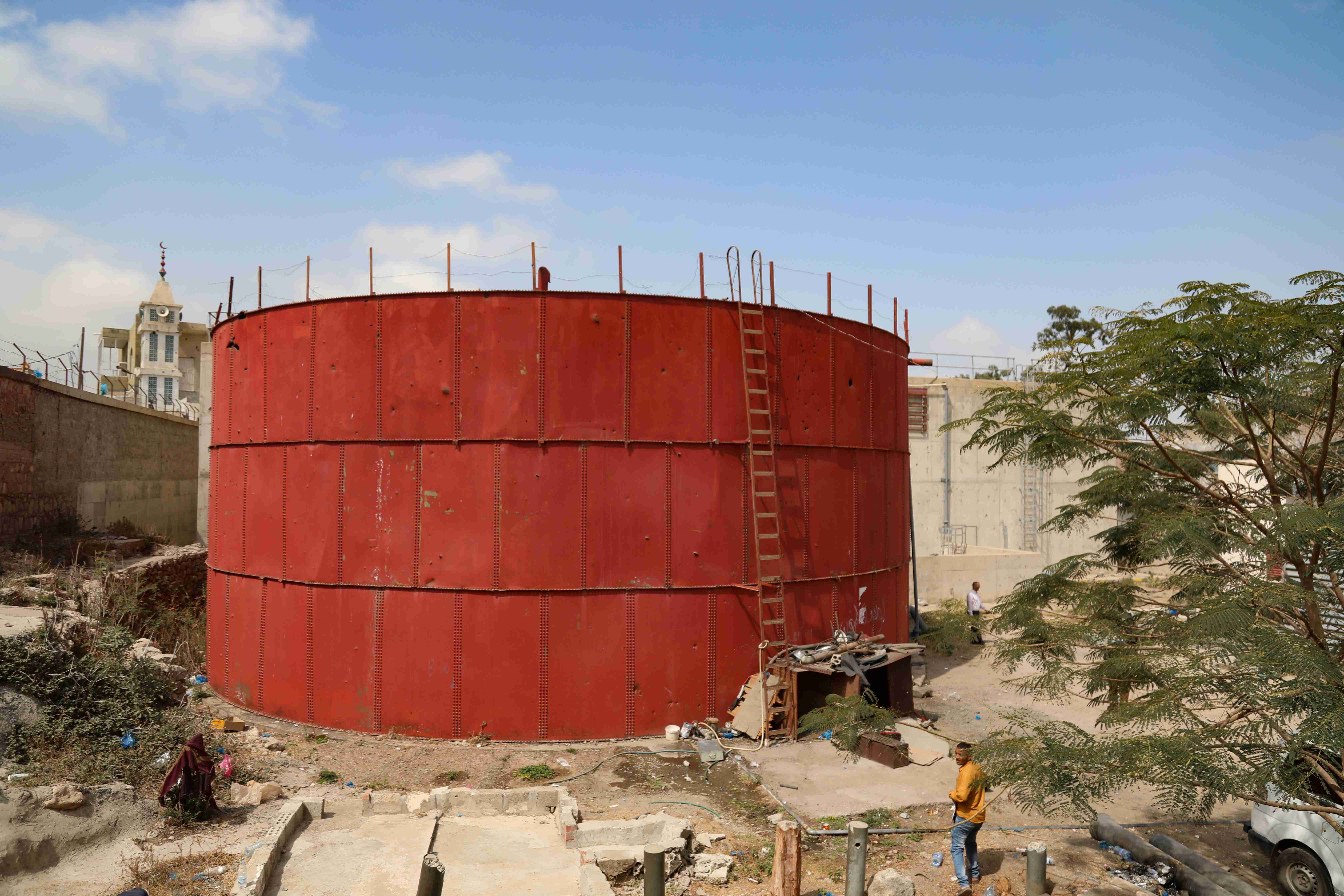 A damaged water tank