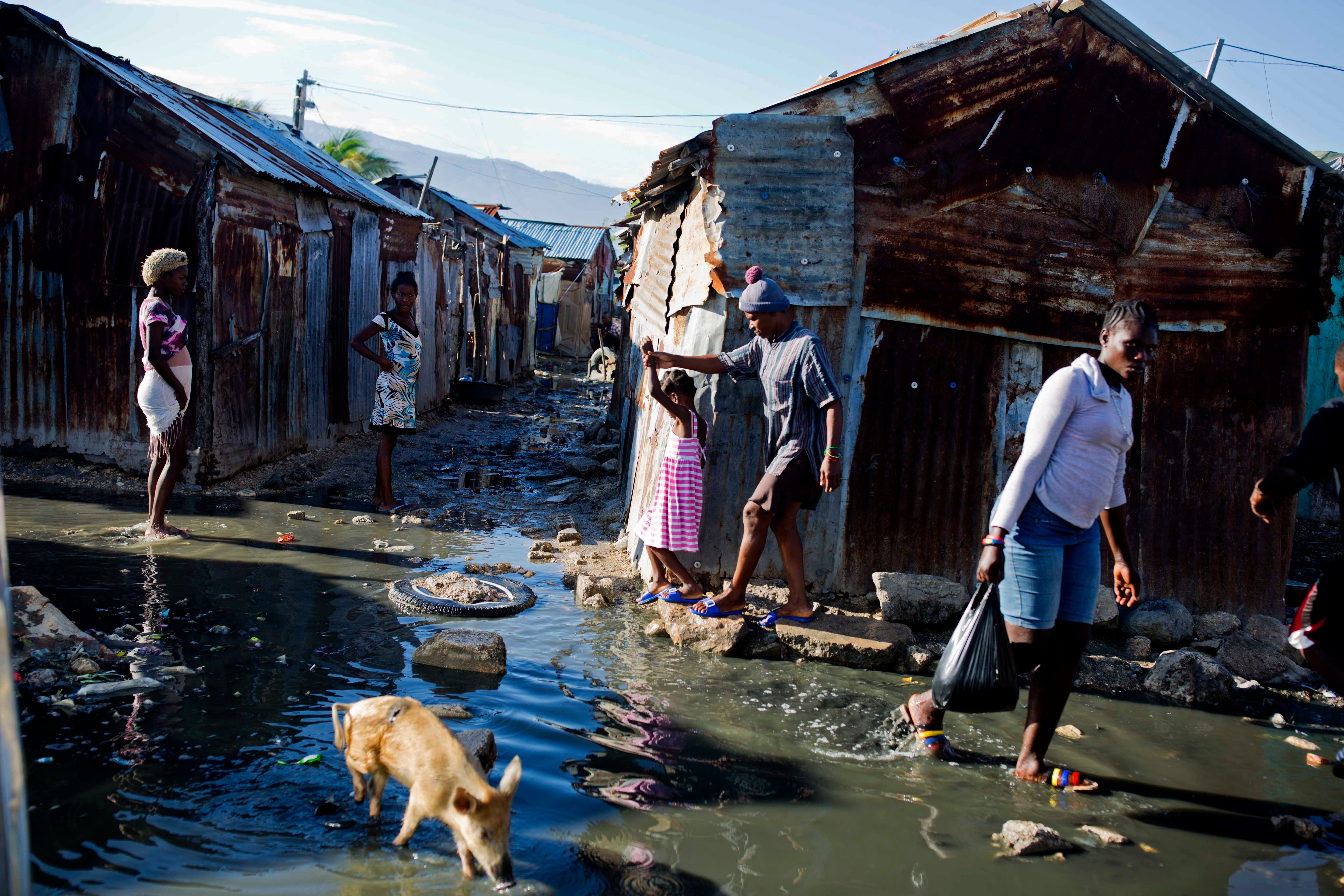 Bewohner*innen und ein kleines Schwein laufen durch Abwasser in einem Viertel im Slum Cite Soleil in Port-au-Prince, Haiti.