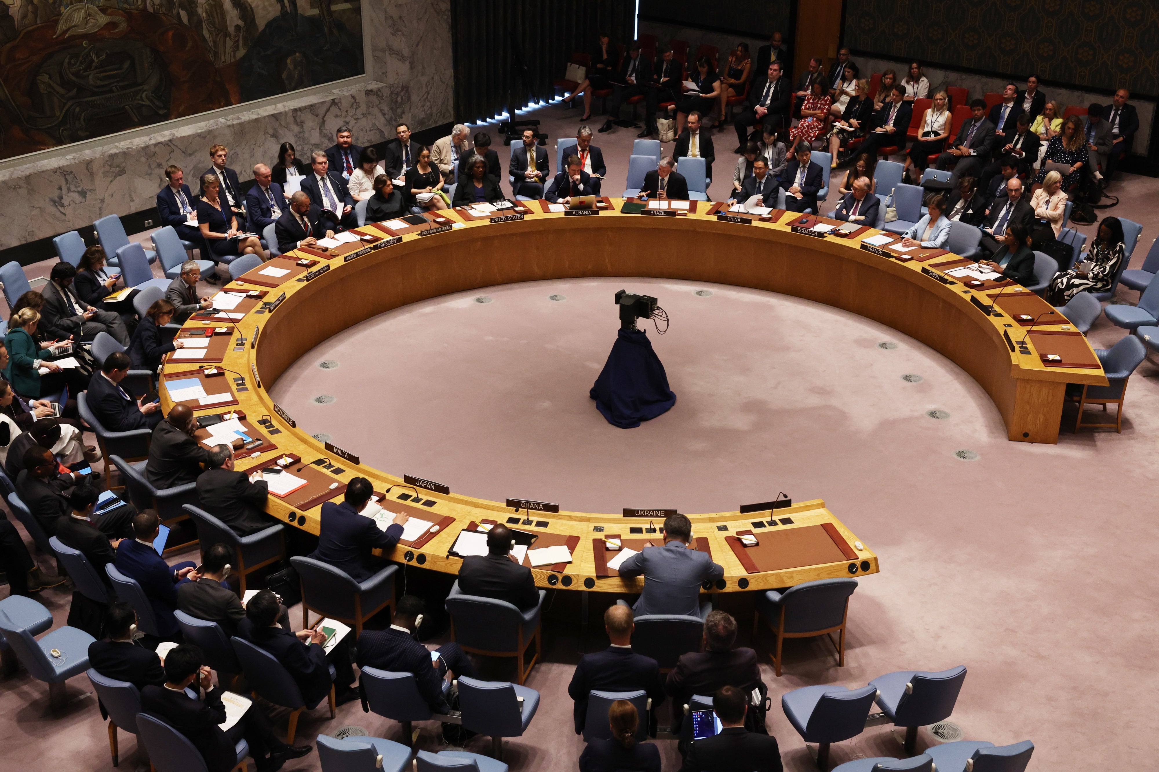 Members meet for a United Nations Security Council meeting in New York City, July 17, 2023.