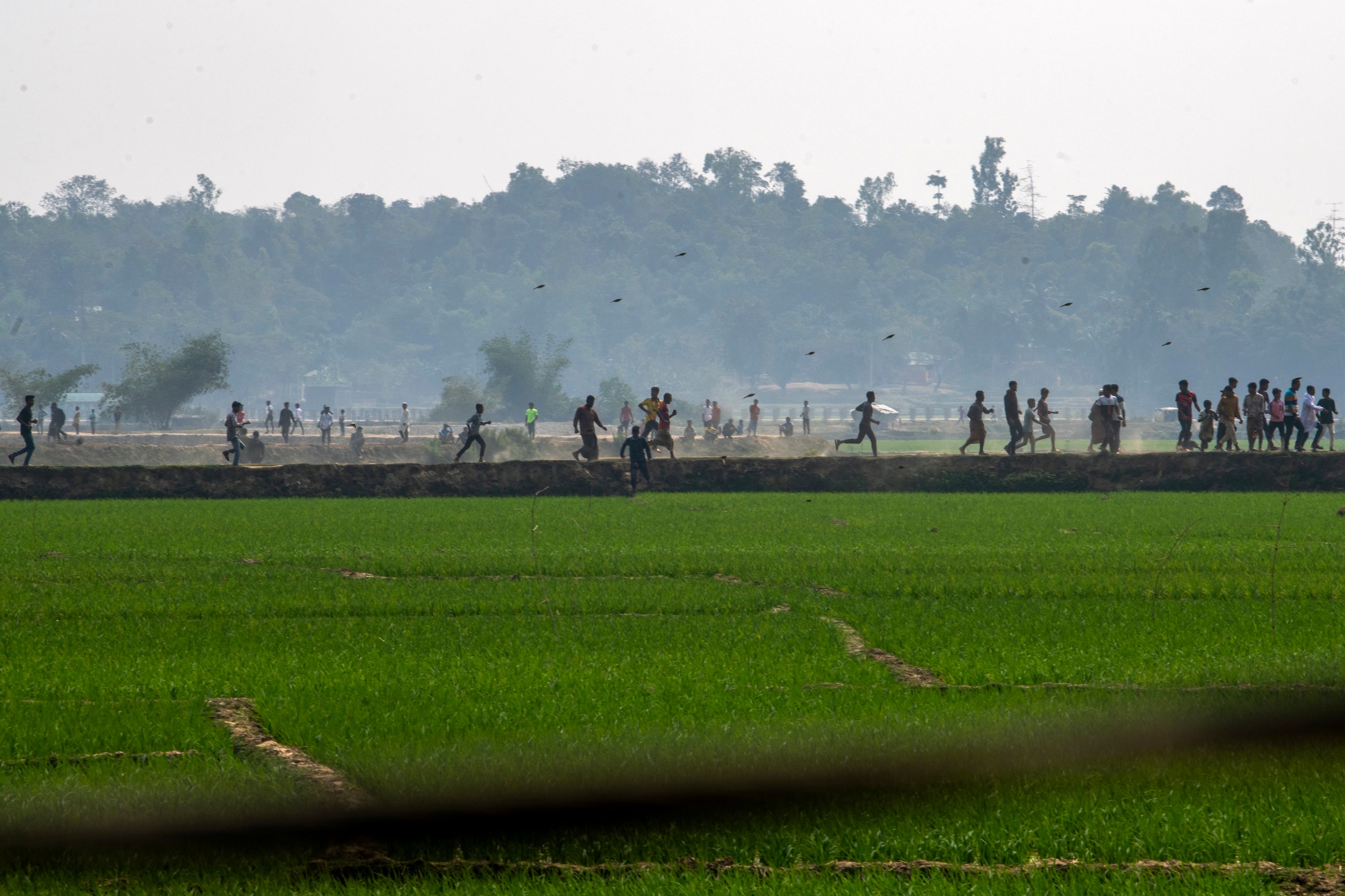 Villagers flee fighting between Myanmar security forces and the Arakan Army near the Bangladesh-Myanmar border in Cox's Bazar district, Bangladesh, February 6, 2024.