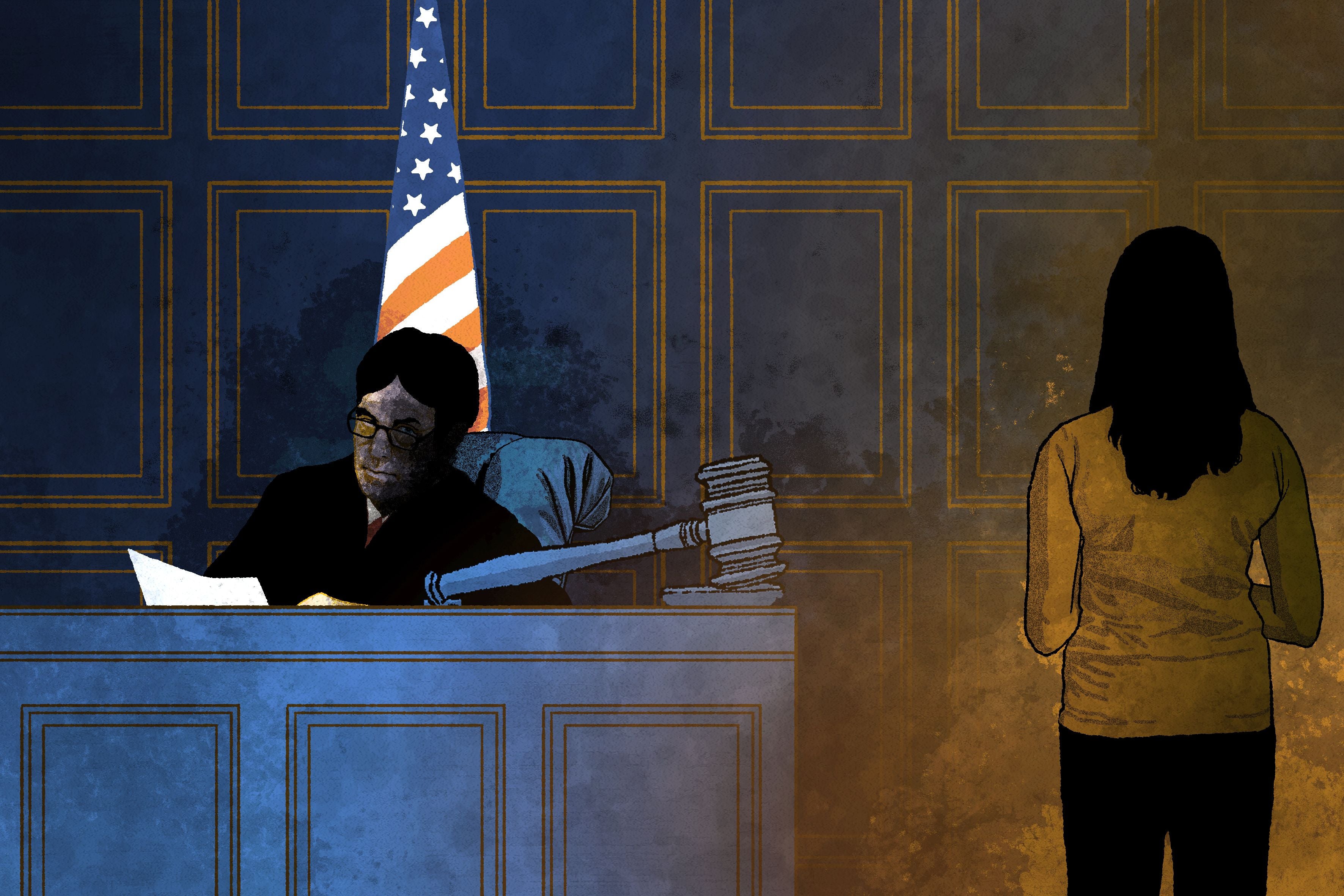 A girl stands in front of a judge in a courtroom