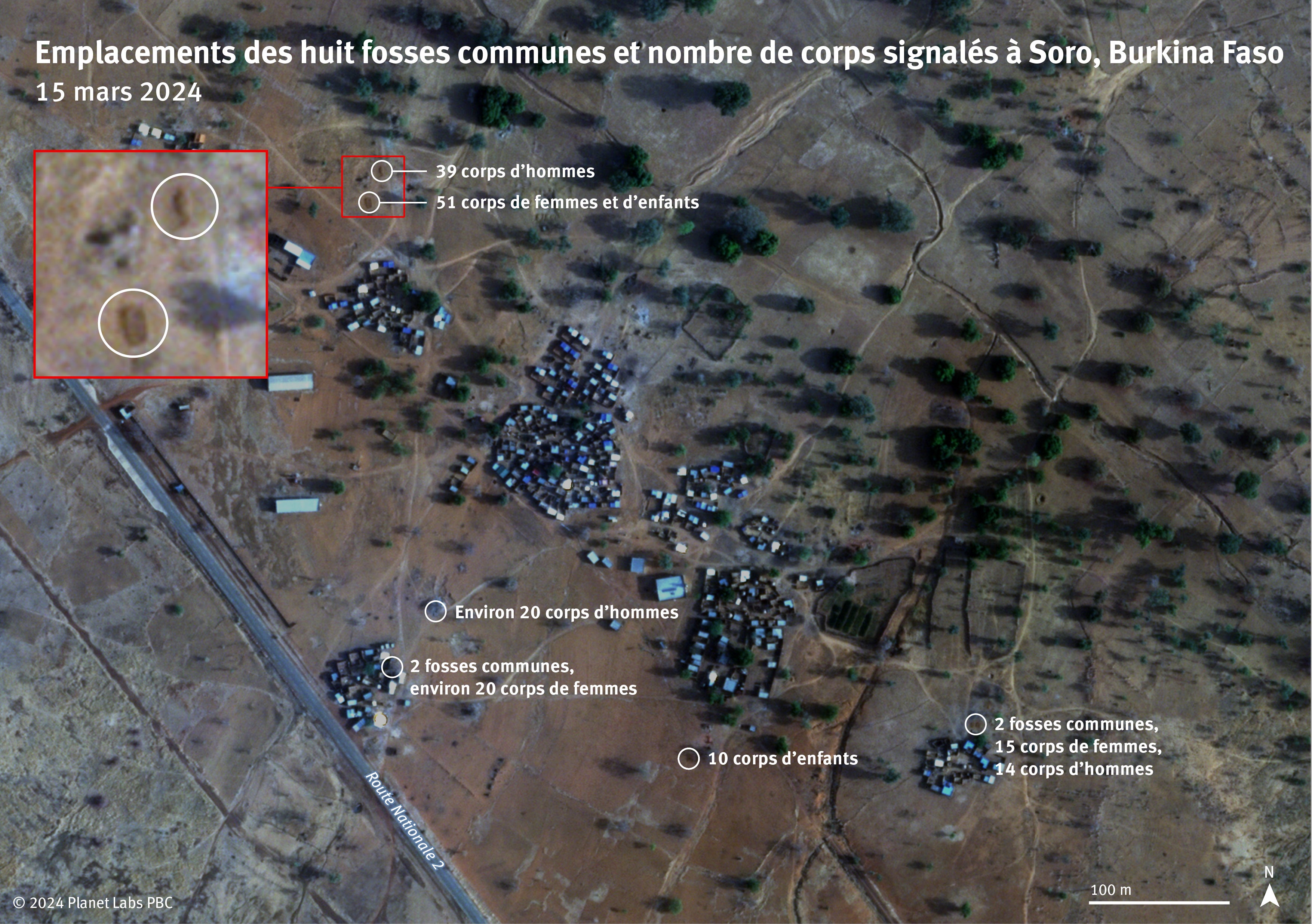 Nombre de corps signalés et emplacements des huit fosses communes visibles sur une vidéo partagée à Human Rights Watch. Six des fosses communes sont clairement visibles sur les images satellites du 15 mars 2024. Deux autres sont cachées par l'ombre des bâtiments. Image