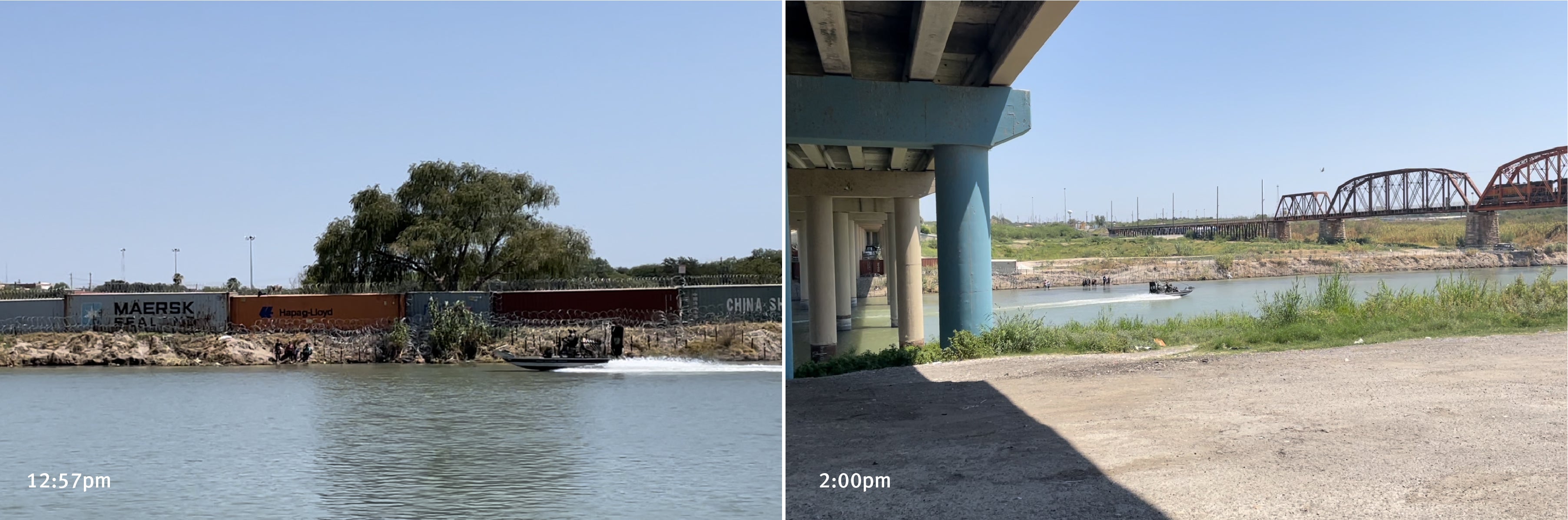 Side-by-side images showing a group of people standing in a river while a boat passes by