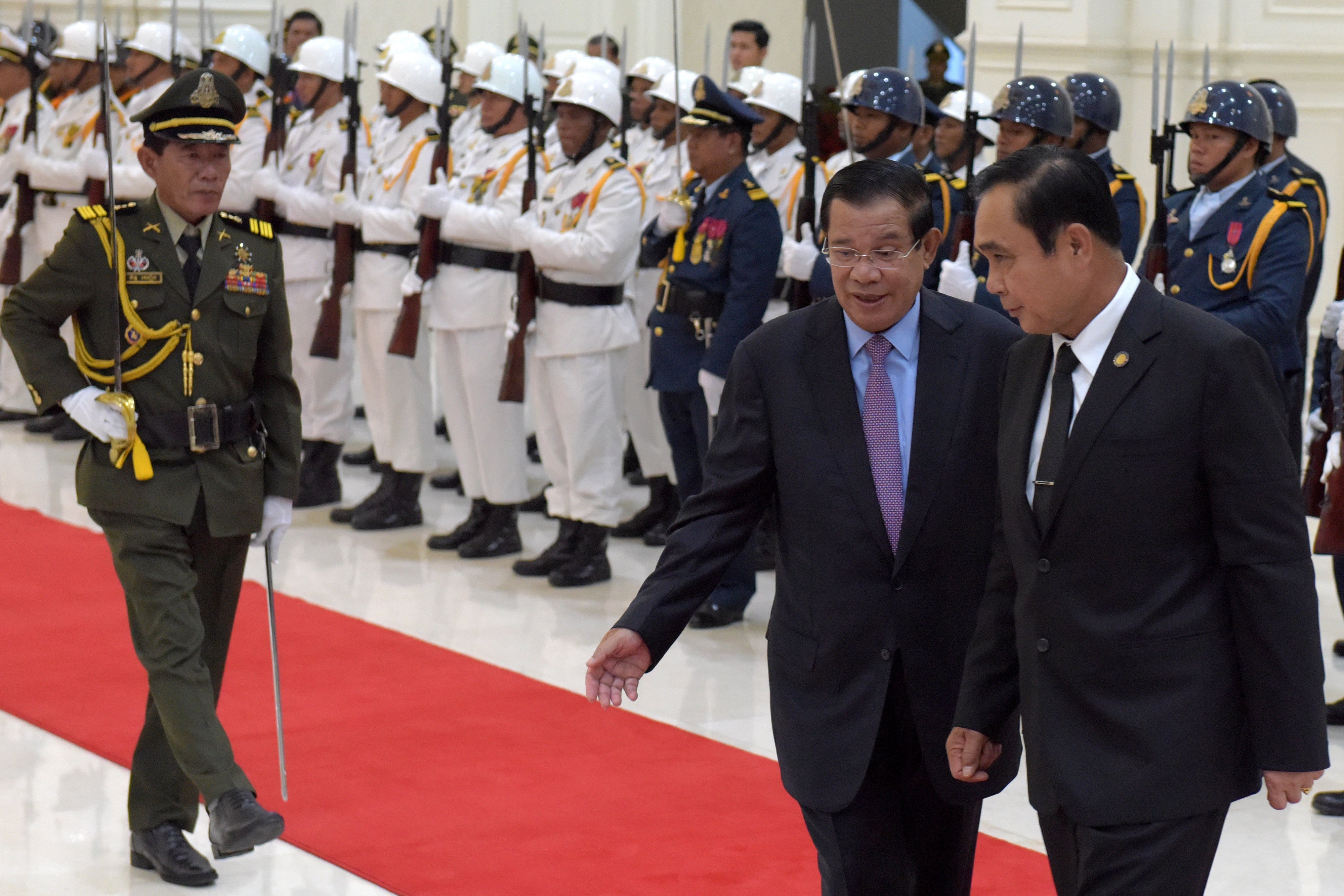 Thai Prime Minister Prayut Chan-ocha and Cambodian Prime Minister Hun Sen arrive at the Peace Palace in Phnom Penh, Cambodia on September 7, 2017.