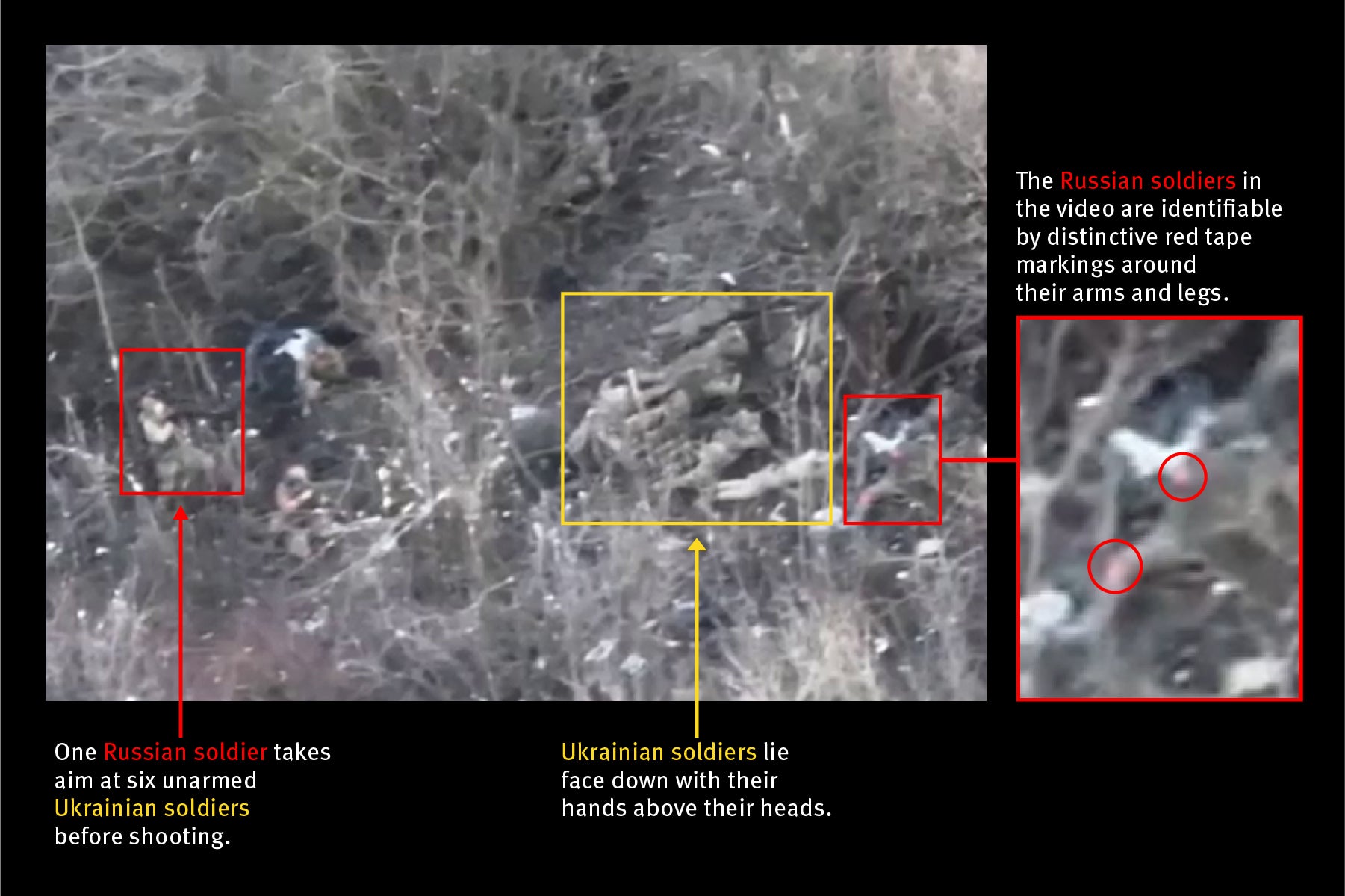 Standbild aus einer Drohne, die in der Nähe des Dorfes Ivanivske in der ukrainischen Region Donezk gefilmt wurde, kurz bevor russische Soldaten aus nächster Nähe auf sieben kapitulierende ukrainische Soldaten schießen.