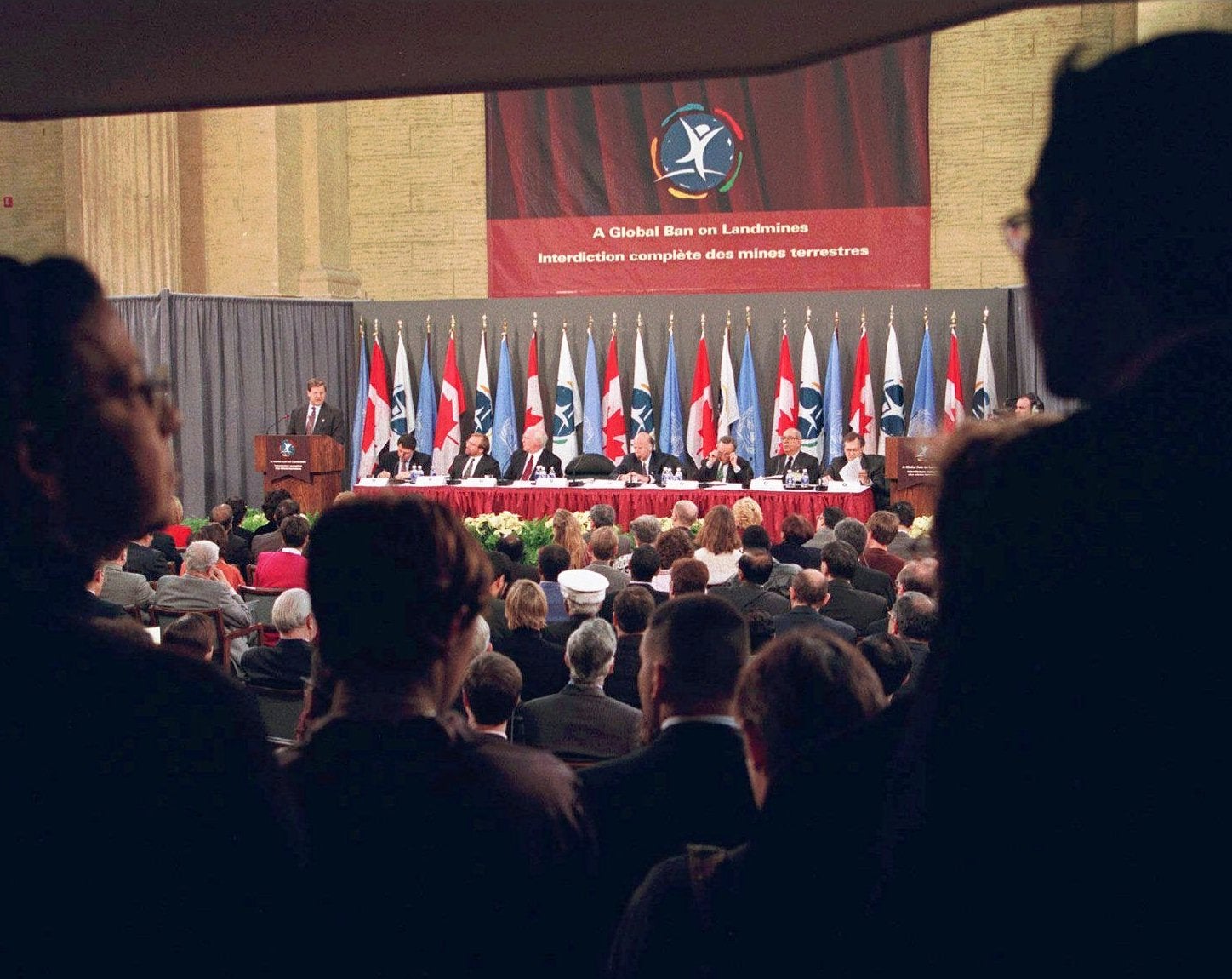 Canadian Foreign Affairs Minister Lloyd Axworthy speaks at the Global Ban on Landmines Treaty Signing and Mine Action Forum in Ottawa, Canada, December 2, 1997.