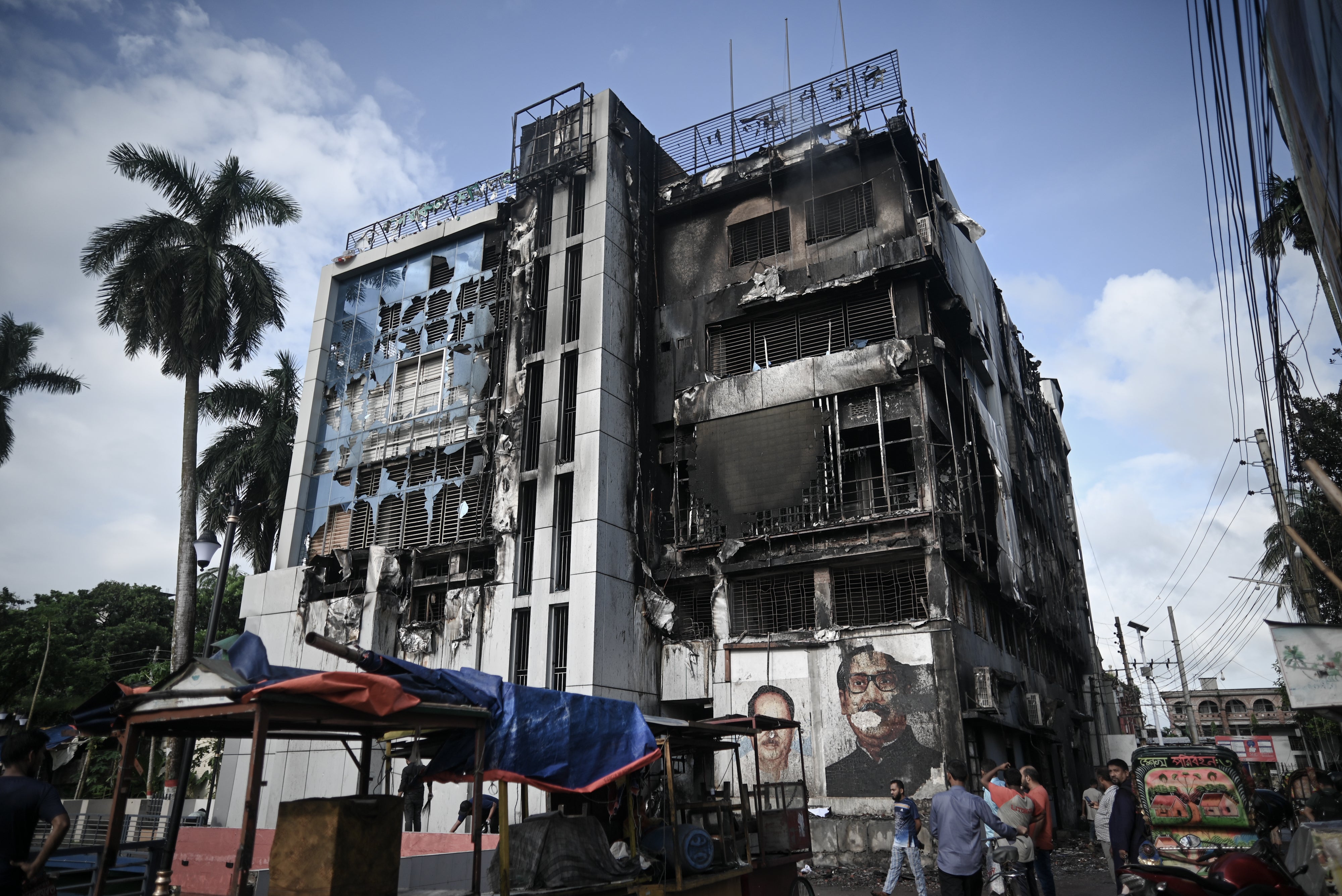 Divisional Awami League office after being set on fire after the resignation of Prime Minister Sheikh Hasina in Barishal, Bangladesh on August 06, 2024.