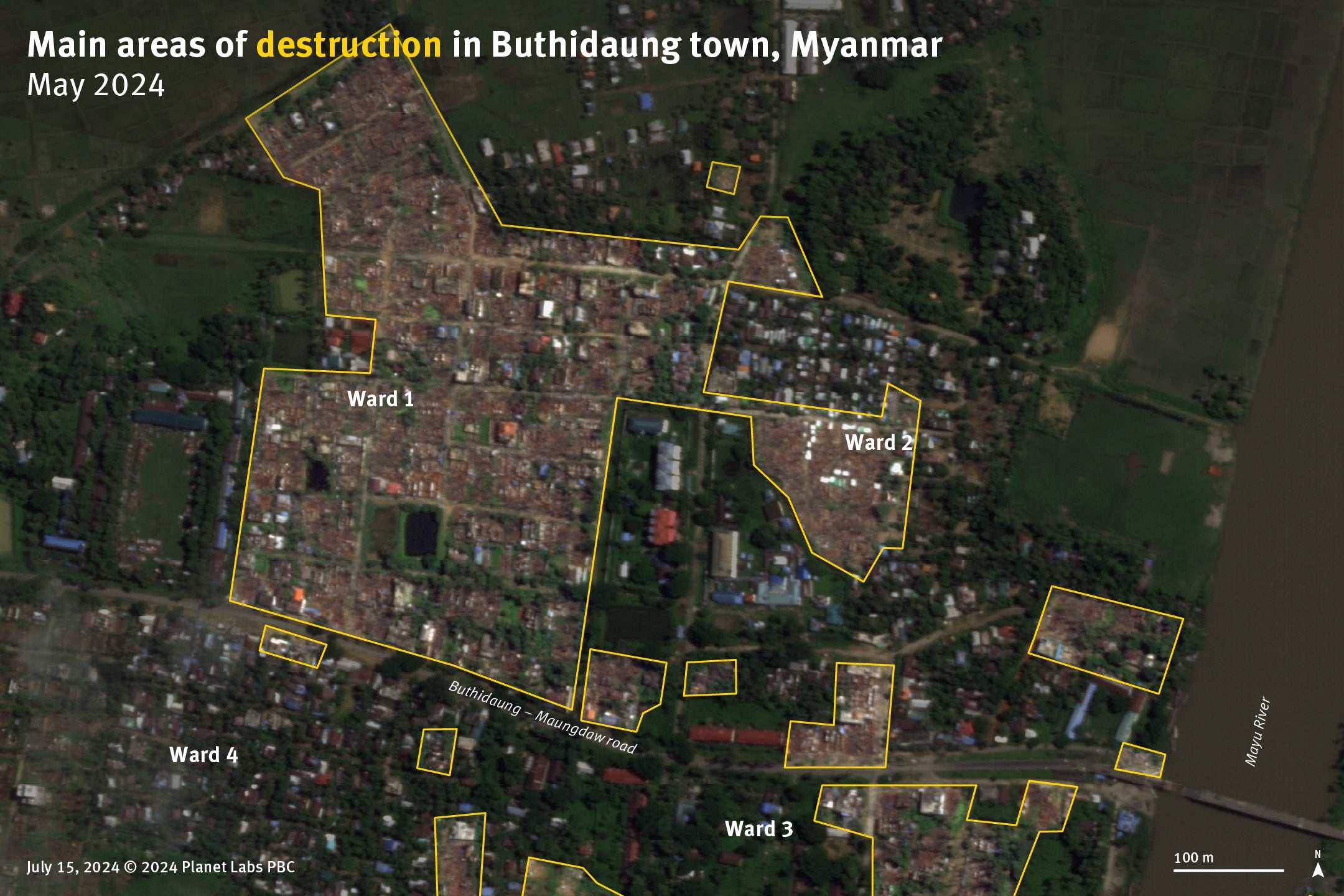 Satellite imagery from July 15, 2024, showing the main burned areas in wards 1 and 2 of Buthidaung town during the arson attacks from May 17–18.