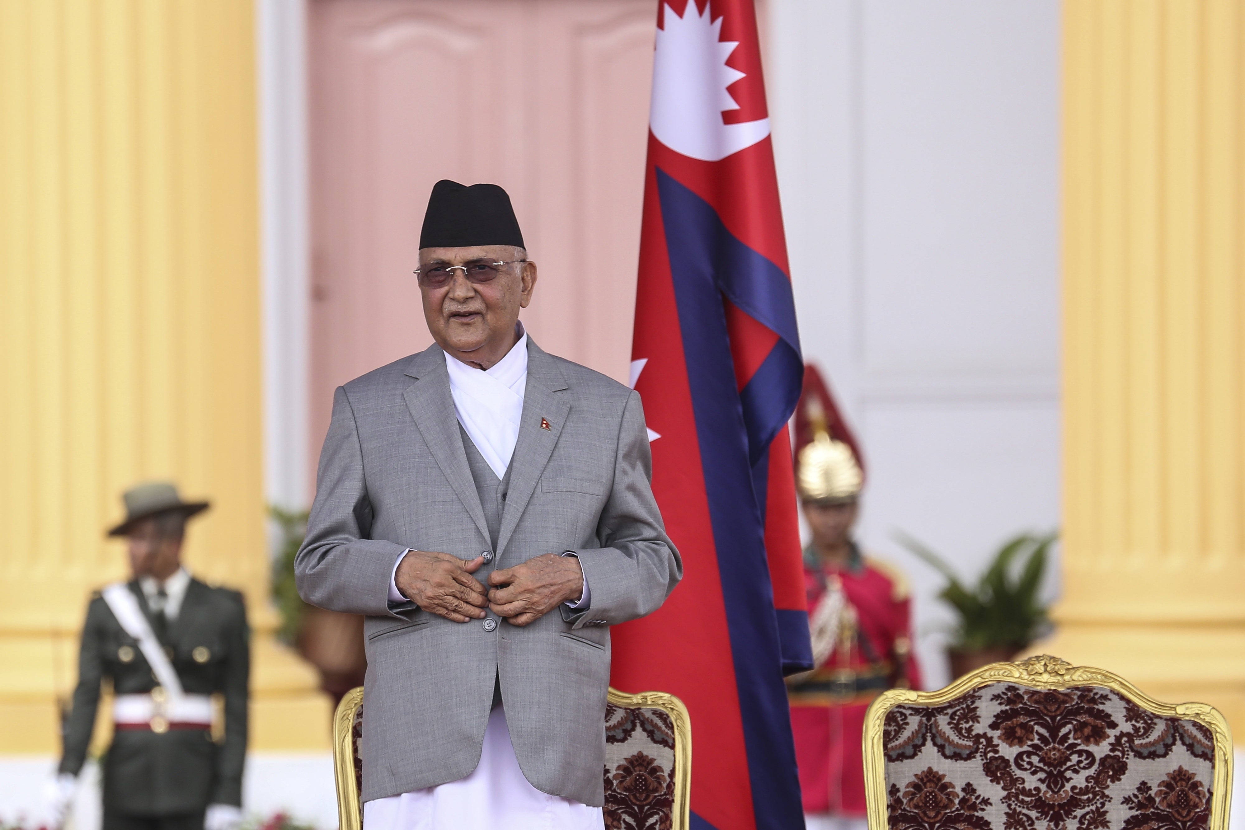 Nepal's newly appointed Prime Minister KP Sharma Oli after the completion of the oath ceremony in Kathmandu, Nepal, on July 15, 2024. 