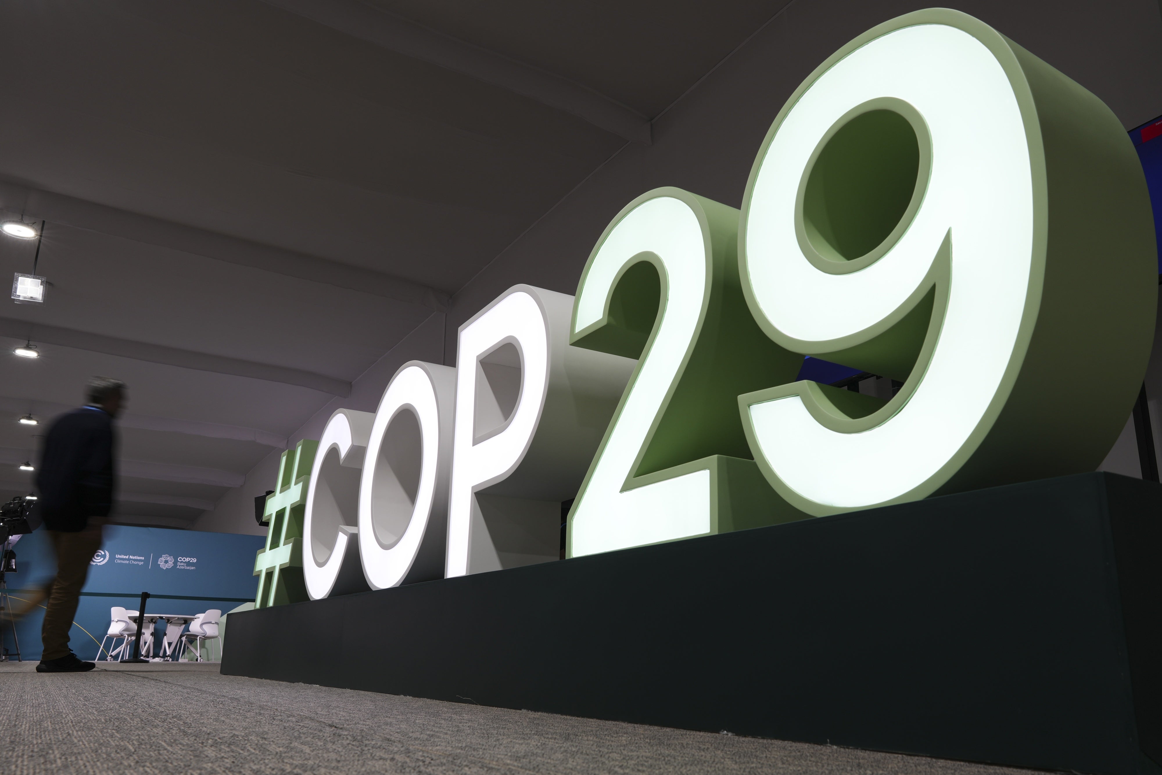 Une version géante du hashtag #COP29 photographiée sur le site de la Conférence des Nations Unies sur le changement climatique à Bakou, en Azerbaïdjan, le 9 novembre 2024, deux jours avant l’ouverture de cette conférence (11-22 novembre). 