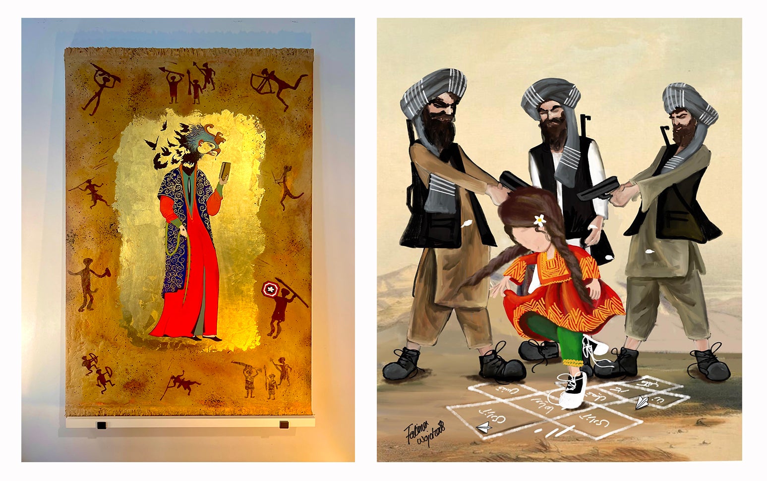 Infinite Power No 5 by Rada Akbar (L) and Monster by Fatima Wojohat