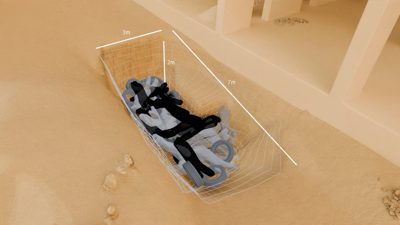 حددت هيومن رايتس ووتش حجم المقبرة المحفورة بآلة بعد إجراء تحليل مكاني وتصويري للفيديو وإنشاء نموذج ثلاثي الأبعاد للموقع. 