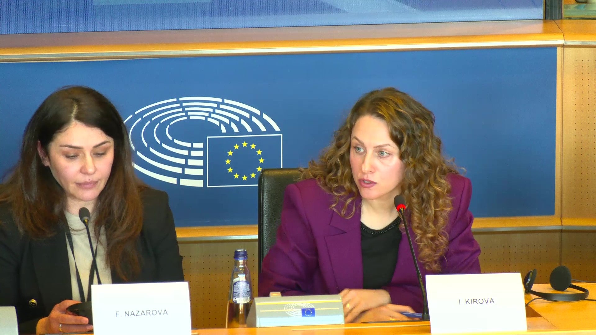 Iskra Kirova, right, addresses the European Parliament Subcommittee on Human Rights and Delegation for Relations with Central Asia, March 19, 2025. 