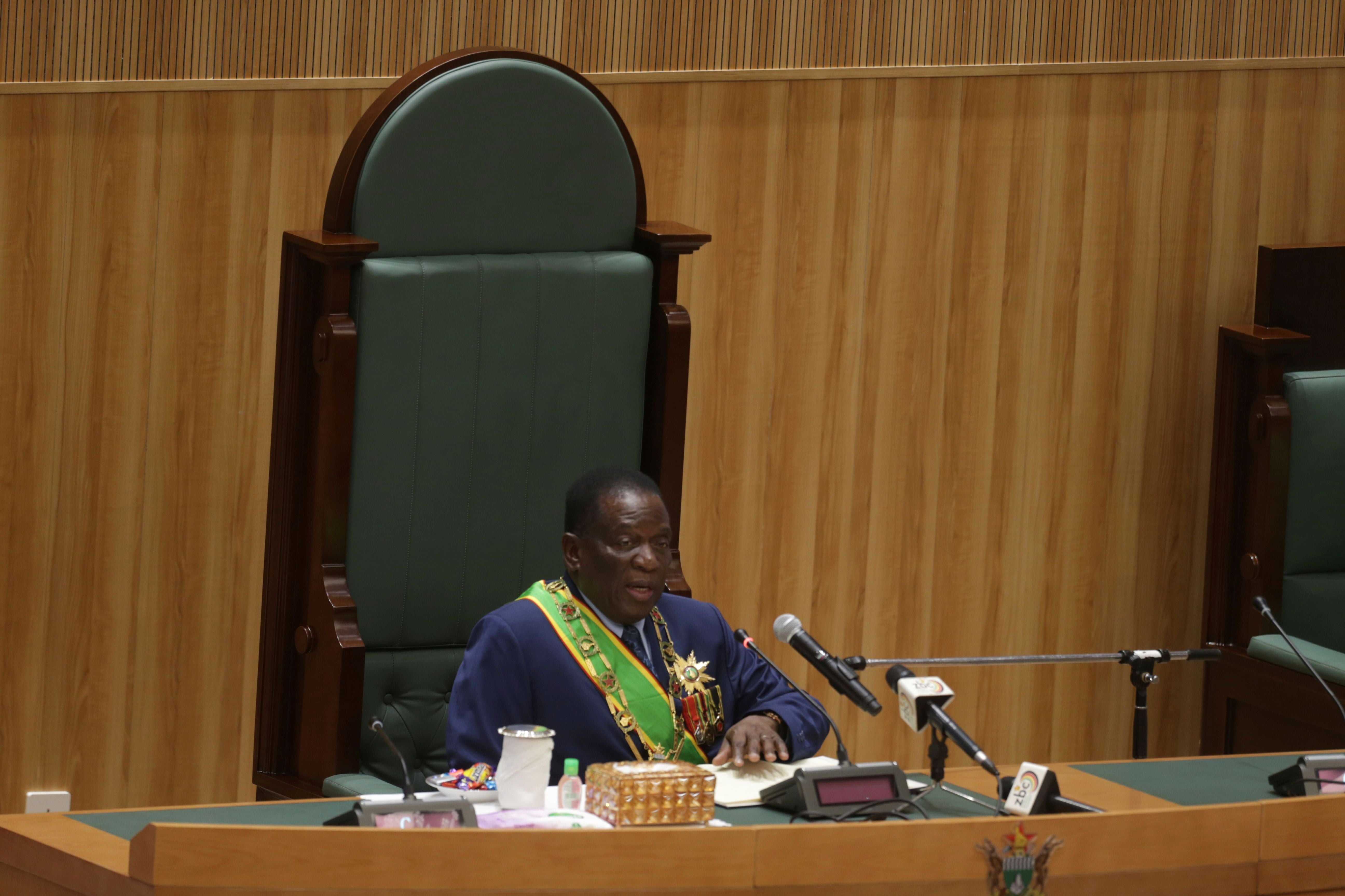 Zimbabwean President Emmerson Mnangagwa delivers his State of the Nation address to parliament, in Harare, October 3, 2023.