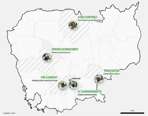 Map of Cambodia with marked locations