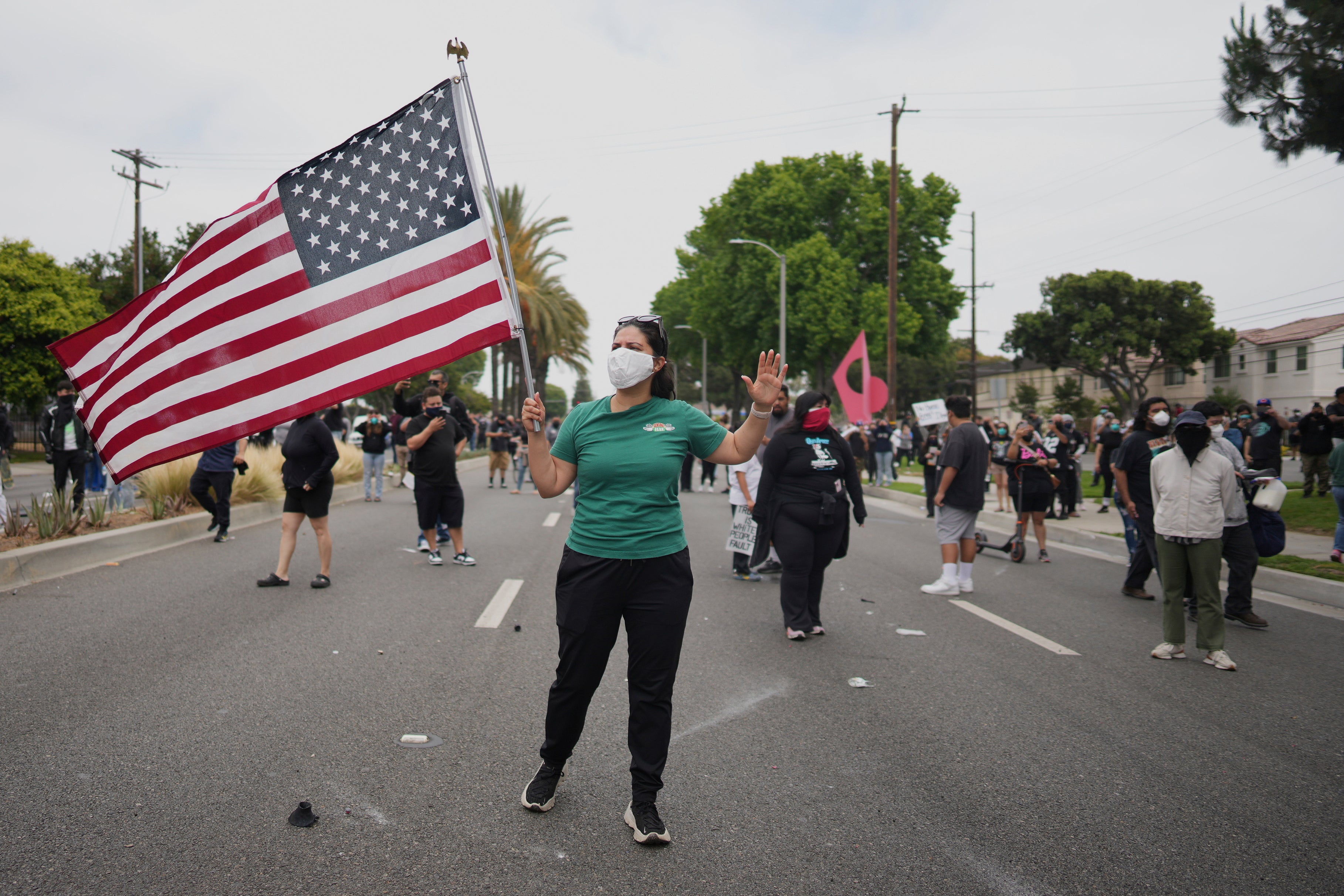 Demonstrators confront Border Patrol personnel during a protest in Paramount, California, on June 7, 2025.