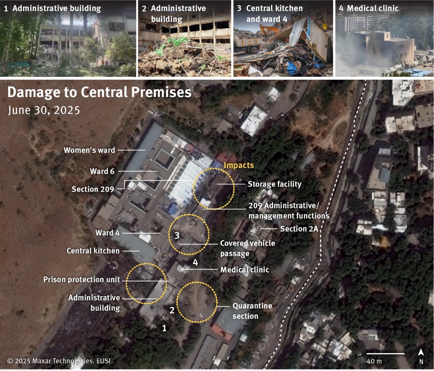 Satellite imagery from June 30, 2025 shows four apparent impact sites in the central premises of Evin prison.