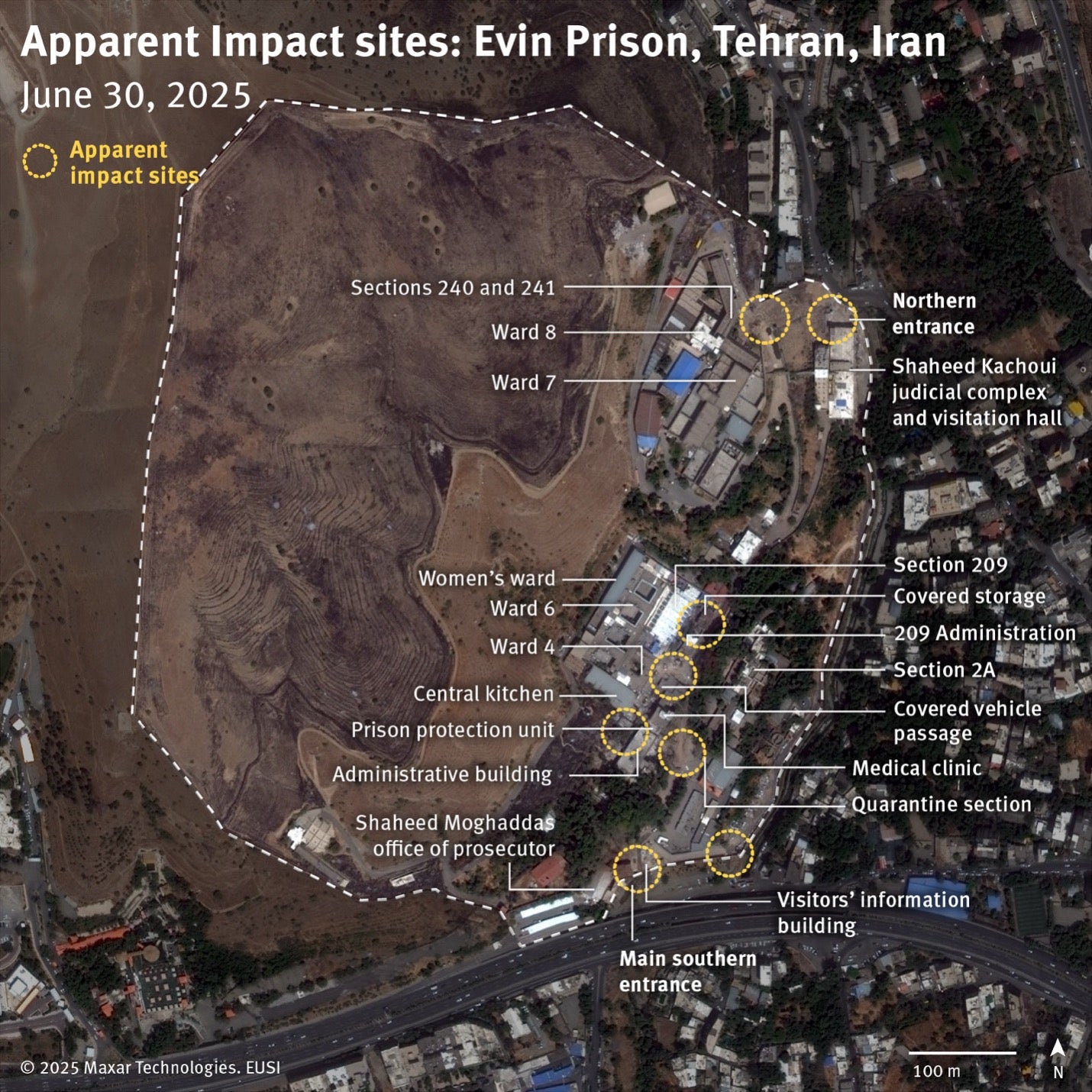 Satellite imagery from June 30, 2025 of Evin prison indicating building names or functions based on Human Rights Watch's interviews with former prisoners and other informed sources.