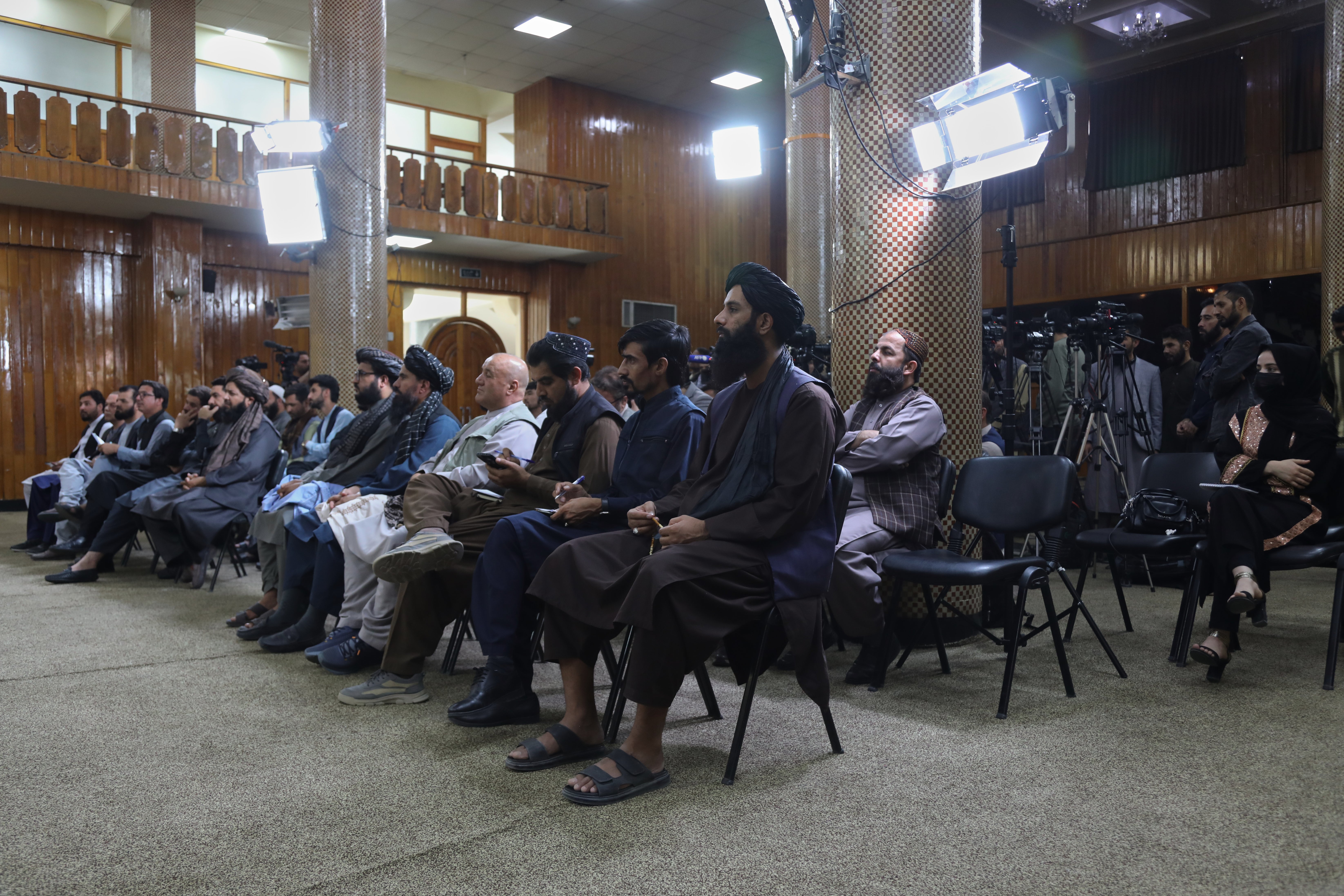 Officials and Journalists attend a Taliban press conference at the Government Media and Information Center in Kabul, Afghanistan, October 12, 2025.