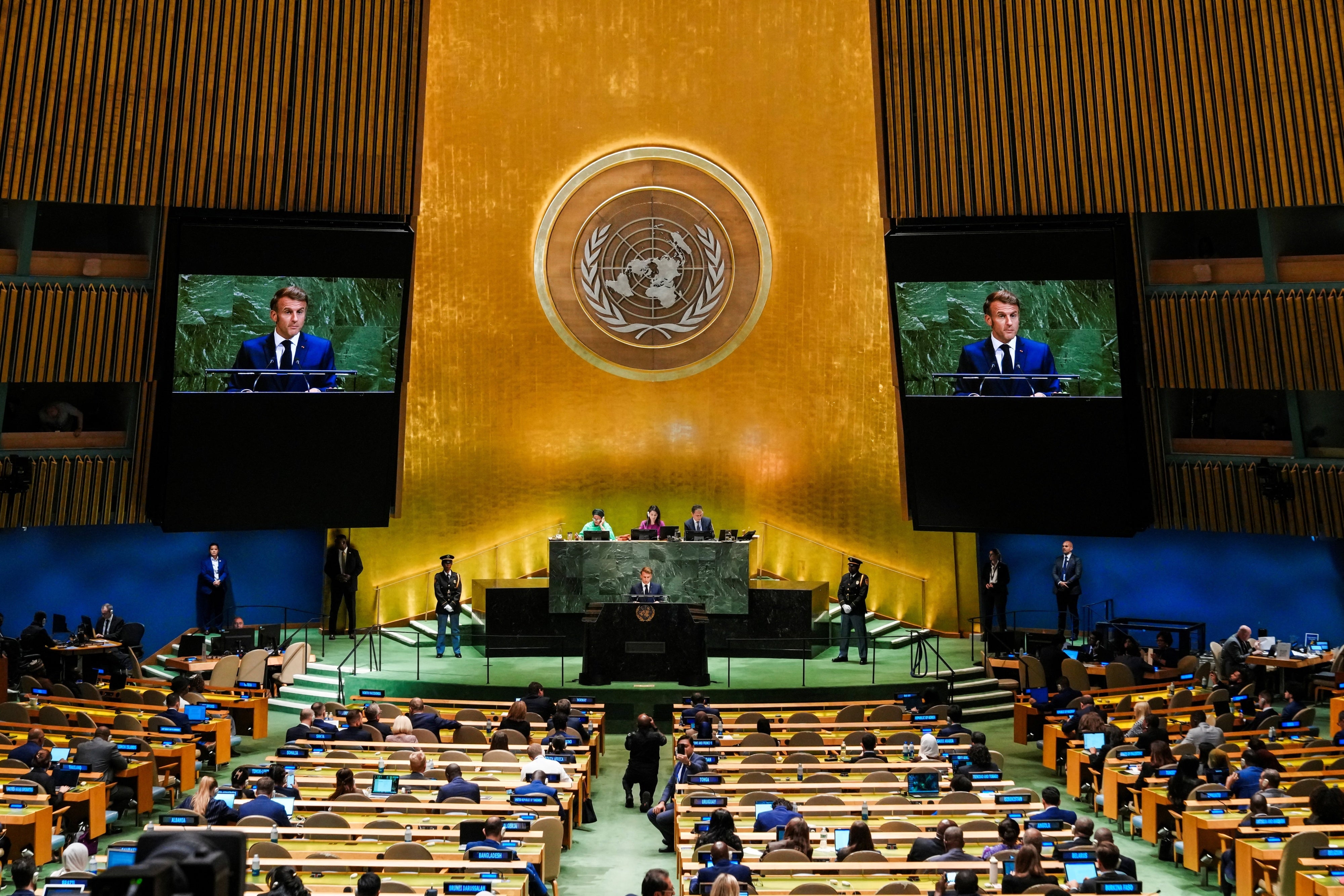 French President Emmanuel Macron addresses the 80th United Nations General Assembly at UN headquarters in New York, September 23, 2025.