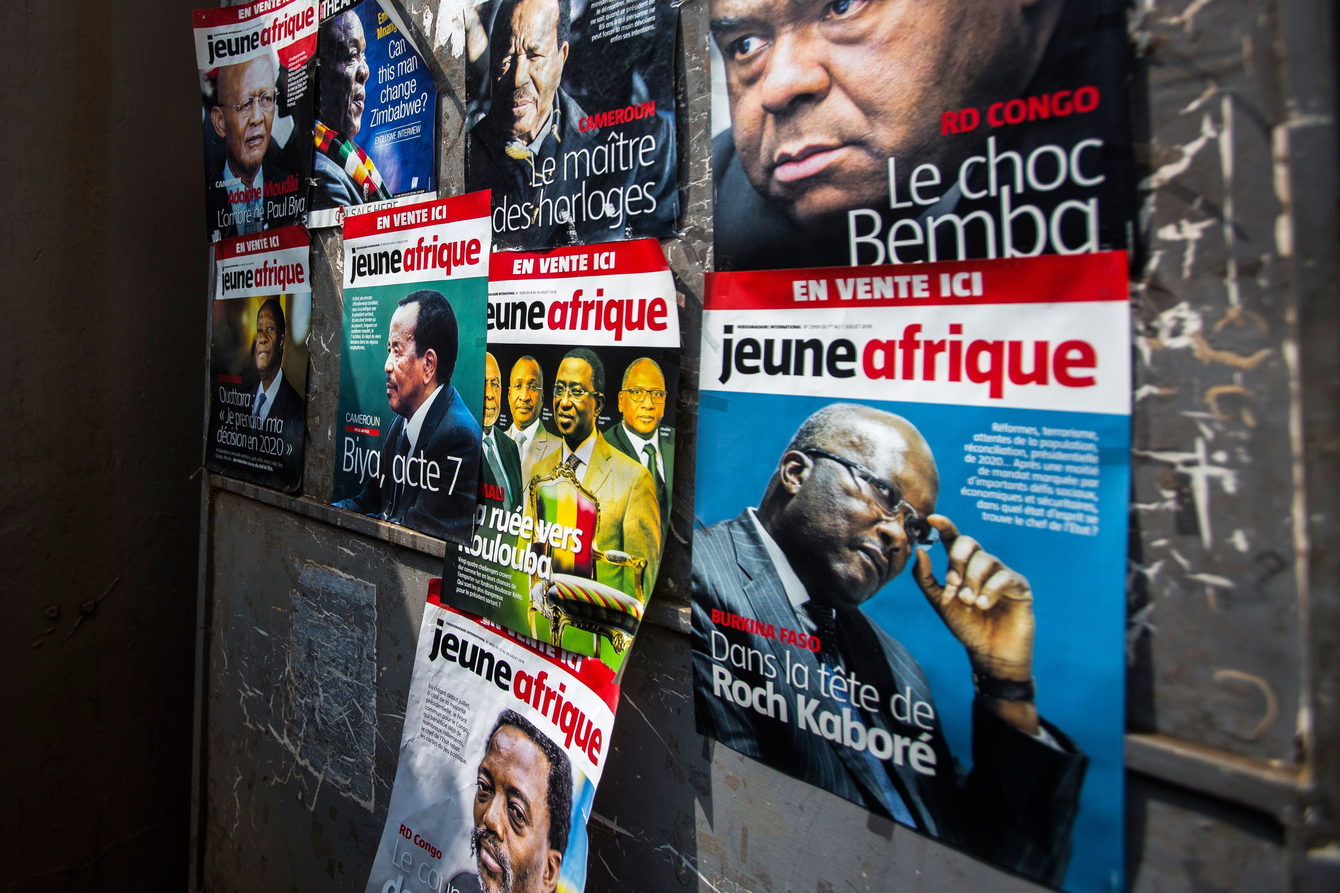 Posters advertising the magazine Jeune Afrique in Kigali, Rwanda, August 2, 2018.