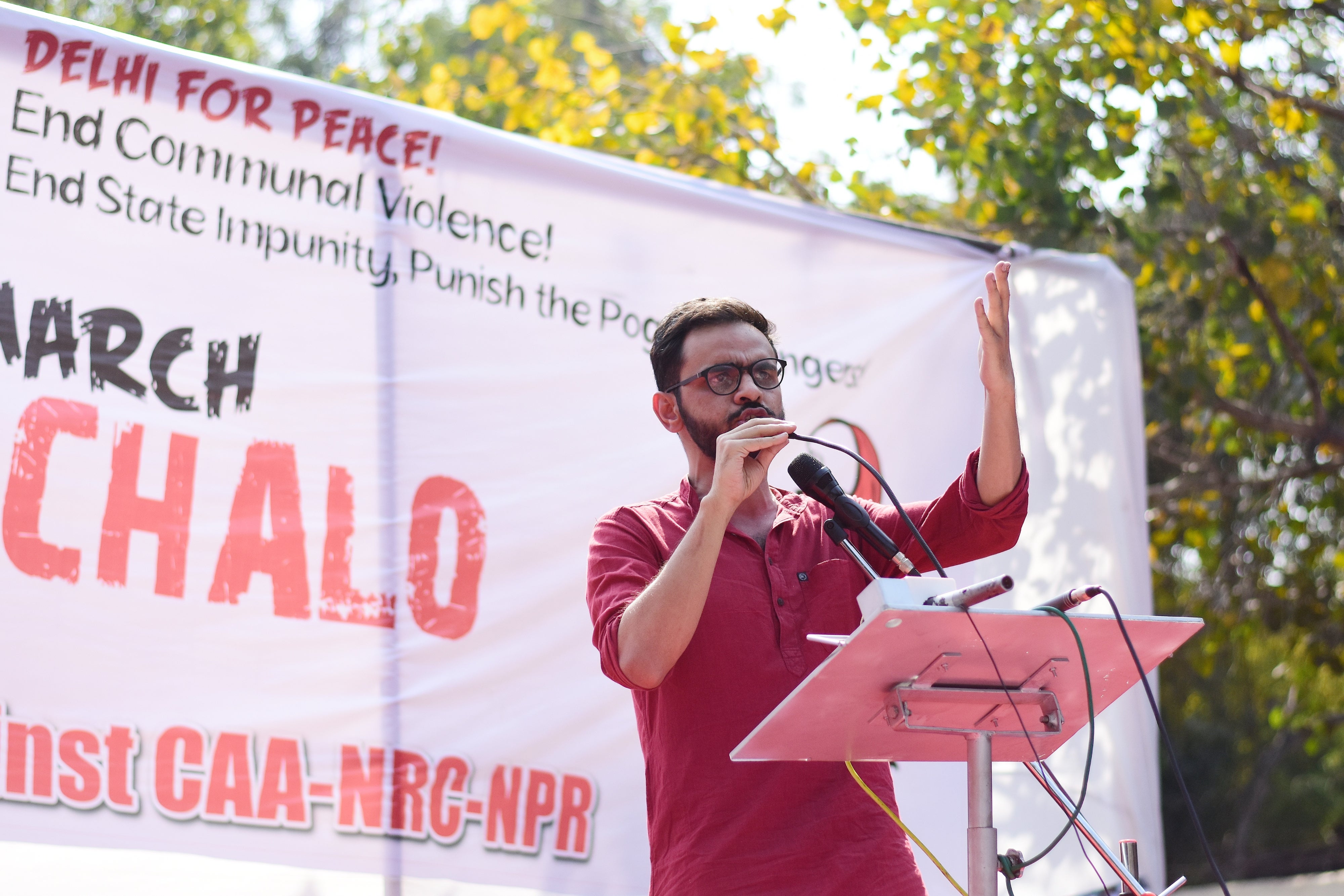 Prominent student activist Umar Khalid speaks during a protest against sectarian violence, the Citizenship Amendment Act and the National Register of Citizens on March 3, 2020 in Dehli, India.