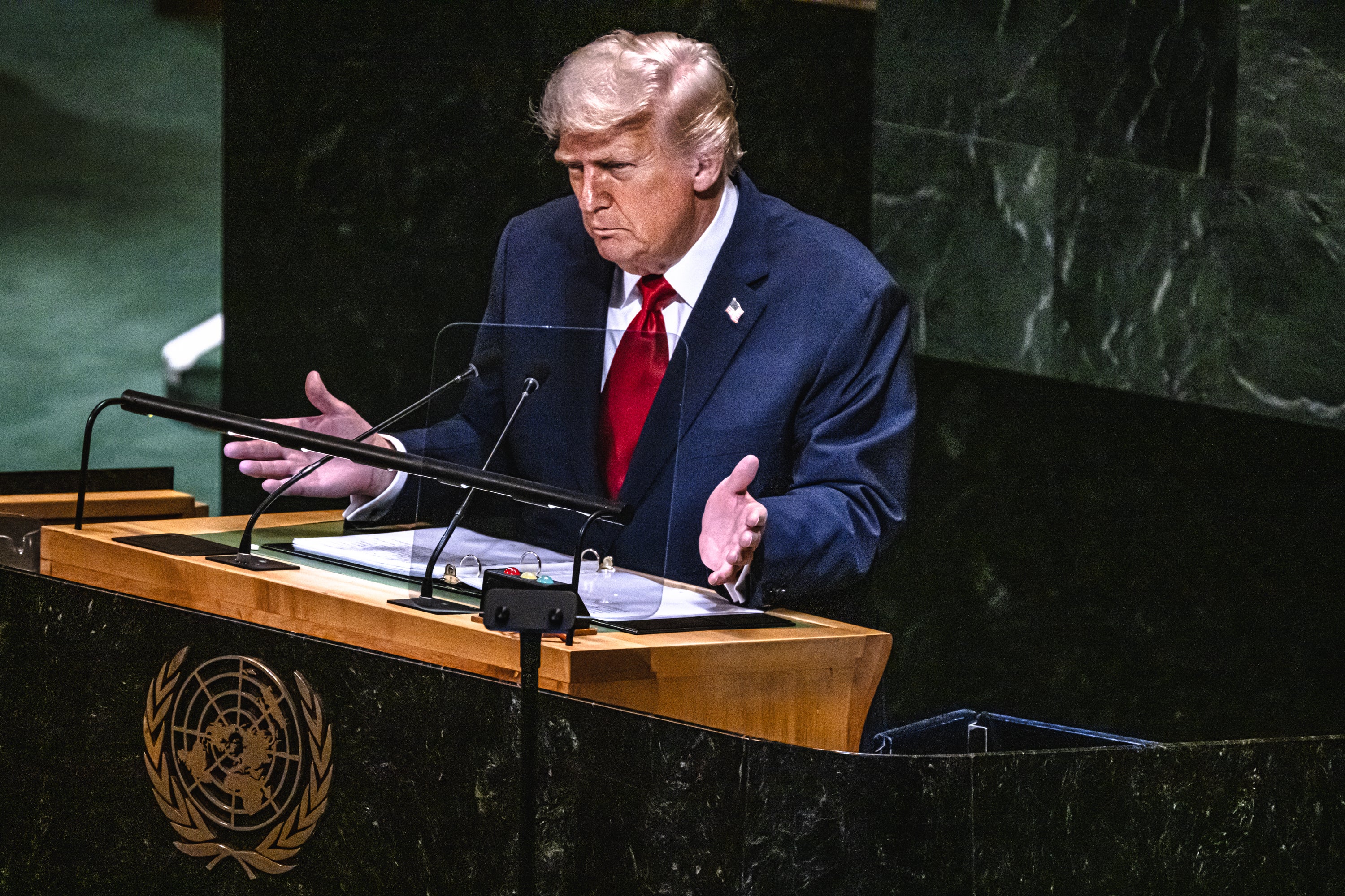 US President Donald Trump speaks at the 80th Session of the UN General Assembly, at the UN headquarters in New York City, on September 23, 2025.