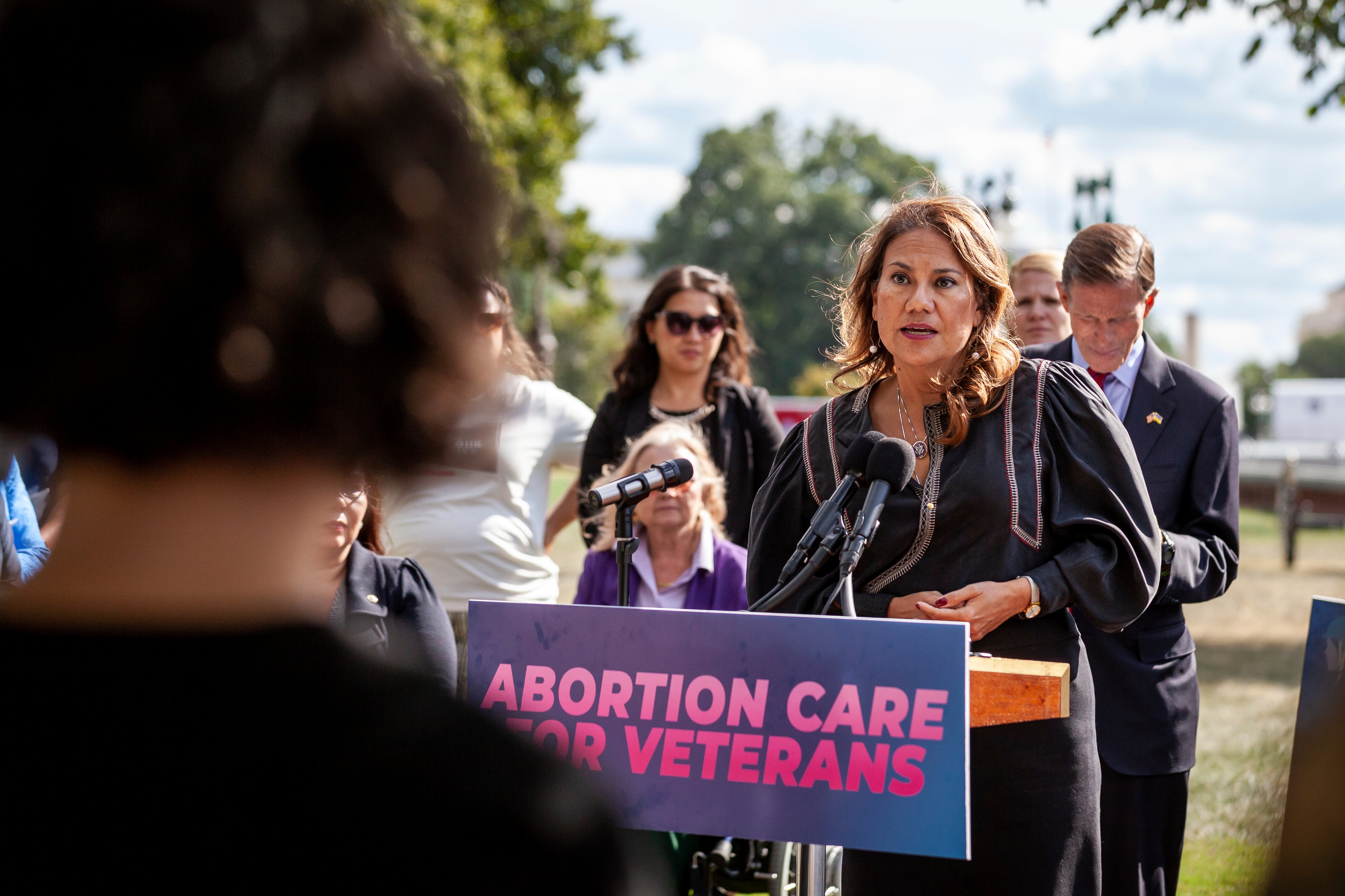 Rep. Veronica Escobar (D-TX) speaks at a press conference on the need to provide the full suite of reproductive healthcare services to veterans in all states, Washington, DC, US, September 27, 2022.