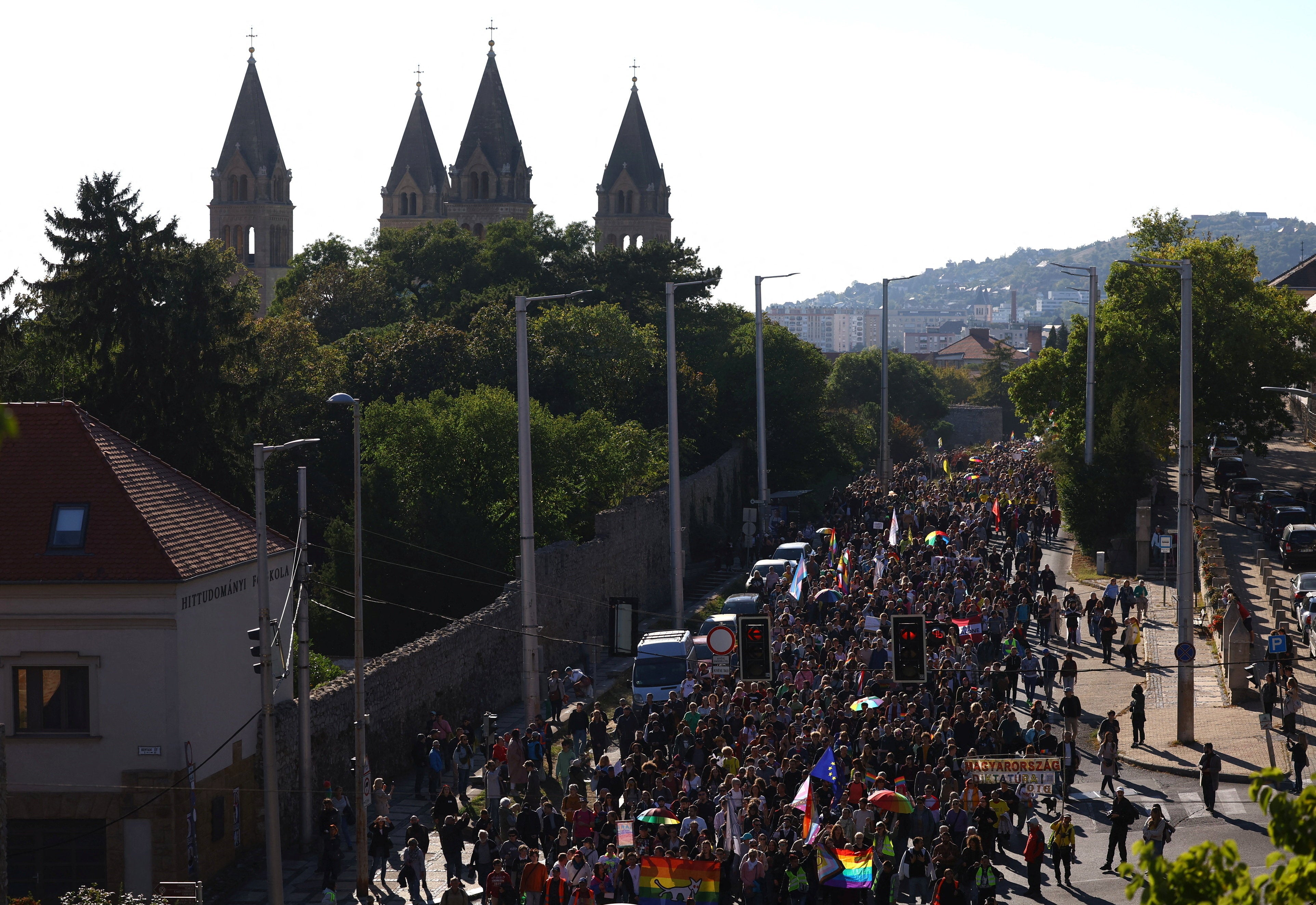 People attend the Pecs Pride March, which was banned by police, in Pecs, Hungary, October 4, 2025.