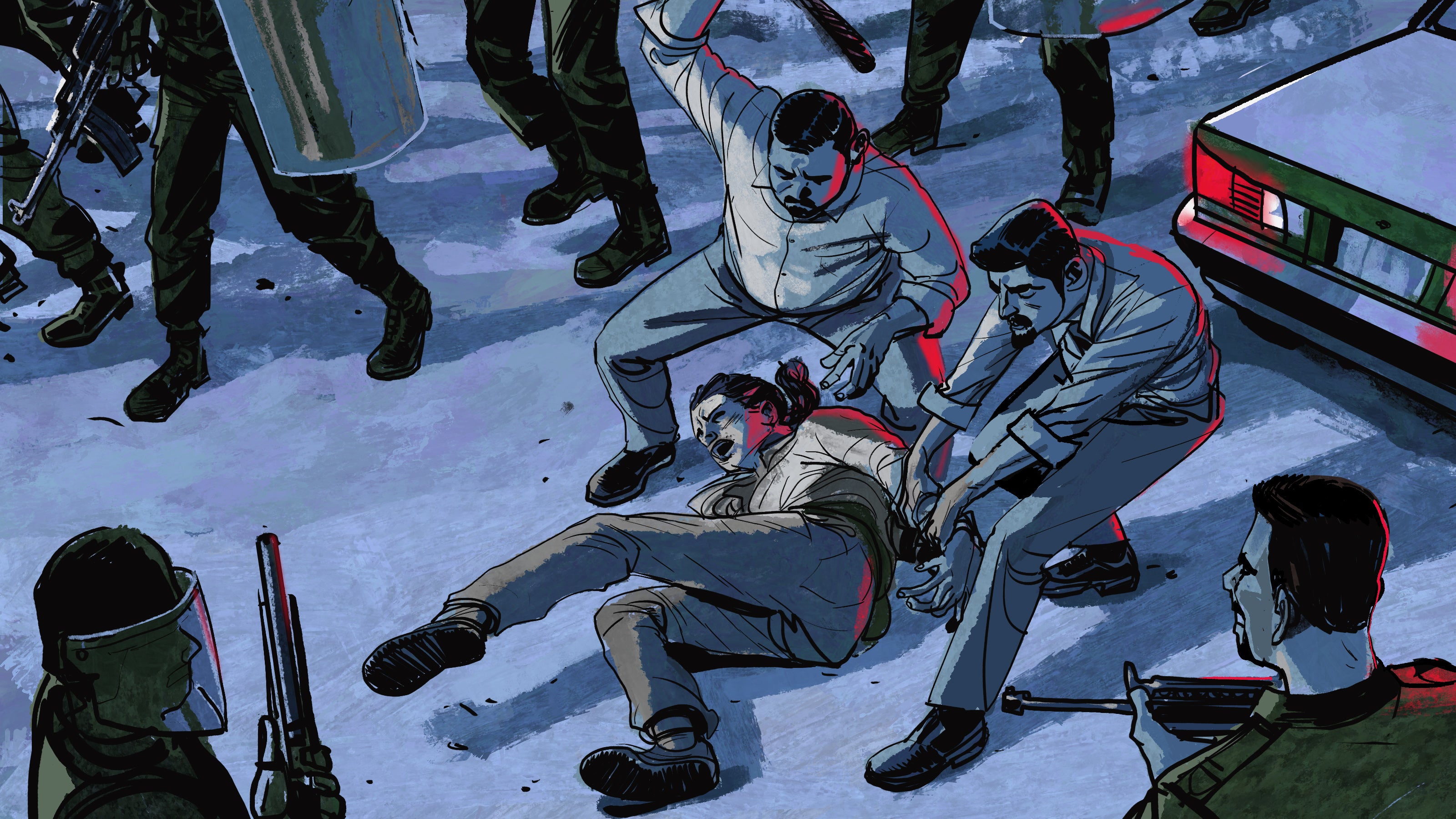 Illustration of a woman being beaten by security forces on the street