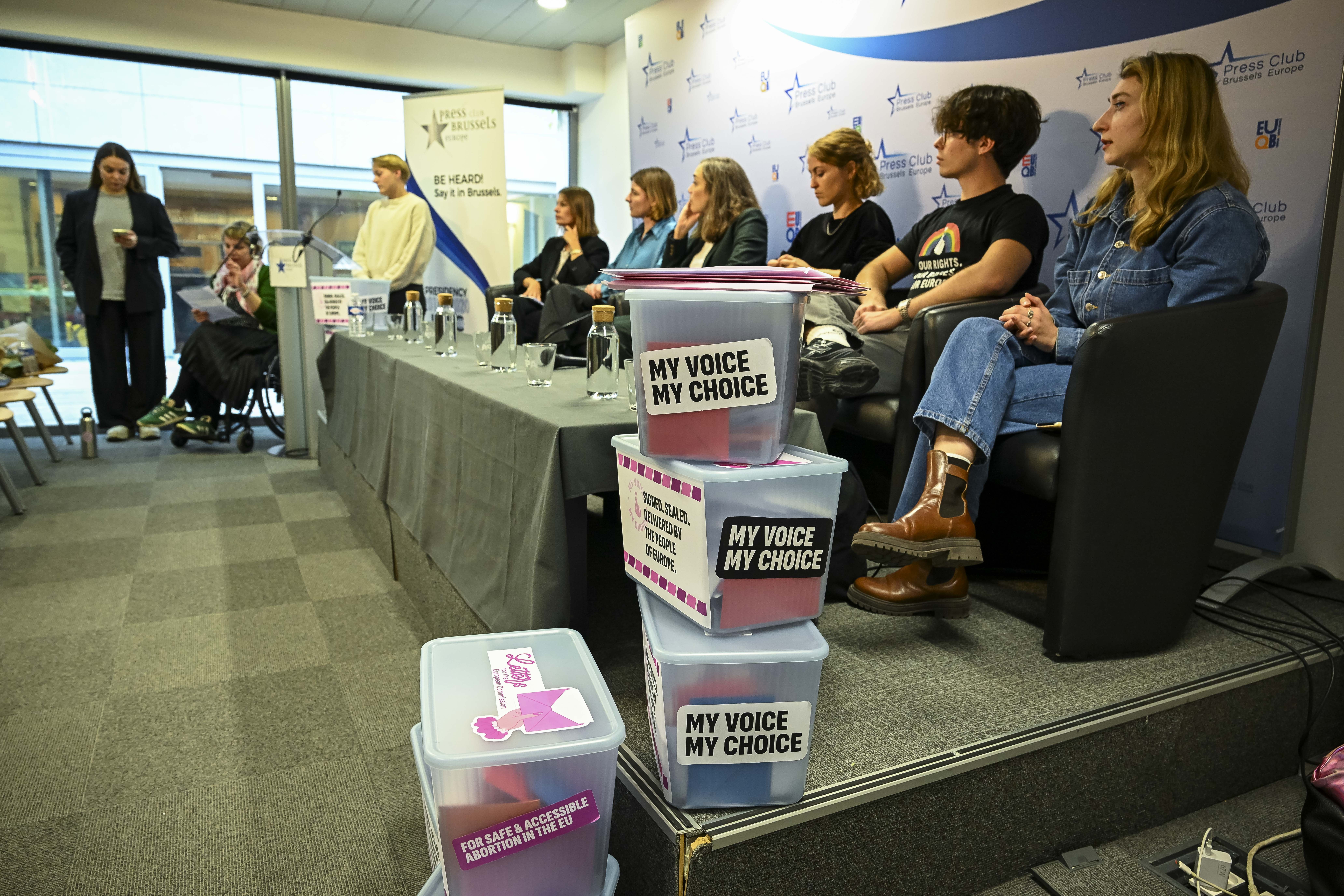 Activists and representatives of the European Citizens’ Initiative "My Voice, My Choice" hold a press conference at Press Club Brussels Europe, presenting their campaign for safe and accessible abortion across the EU, after meeting with the European Commission, Brussels, Belgium, October, 1, 2025.
