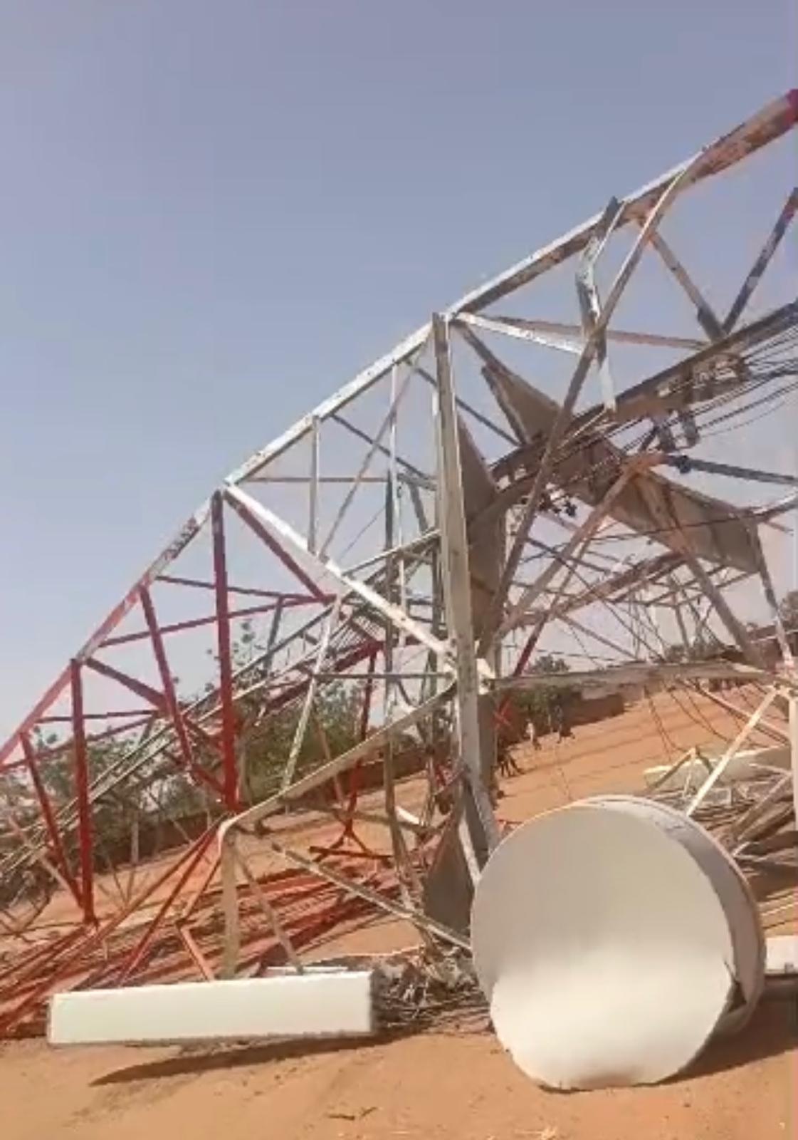 Screenshot from a video shared online on February 14, 2026, showing a demolished telecommunications tower